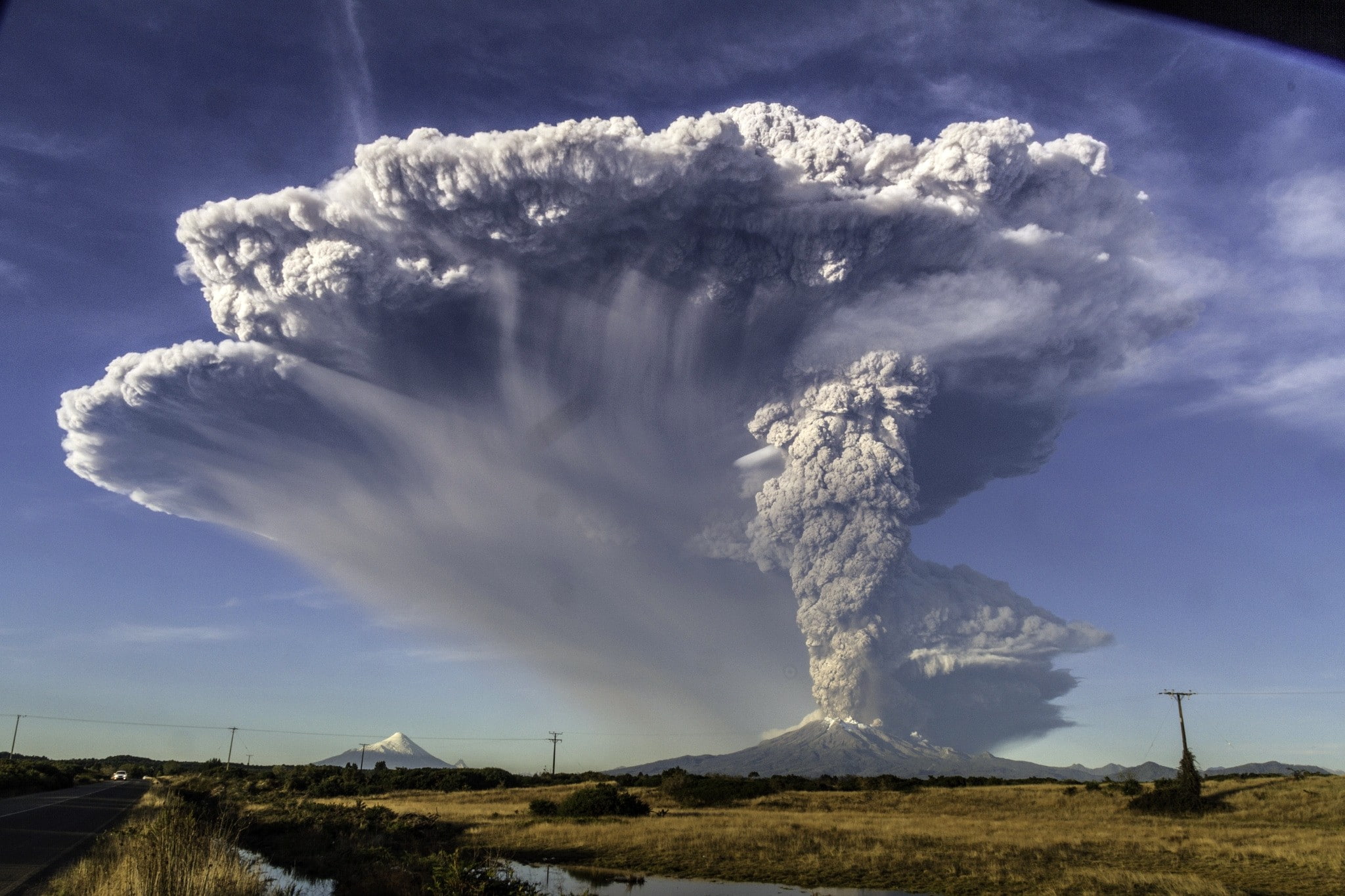 landscape, snowy peak, smoke, road, Calbuco Volcano, field, Puerto Montt, eruptions, lava, mountains, nature, 1080P, UFOs, Chile, volcano, HD Wallpaper