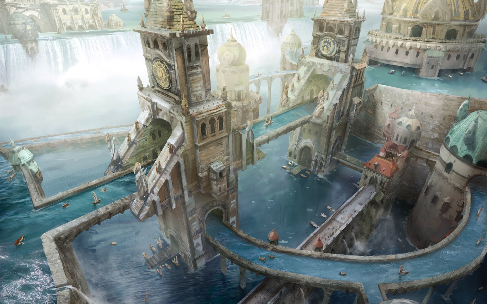 1080P, Creative, Waterfall, Tower, Boat, People, Design, City, HD Wallpaper