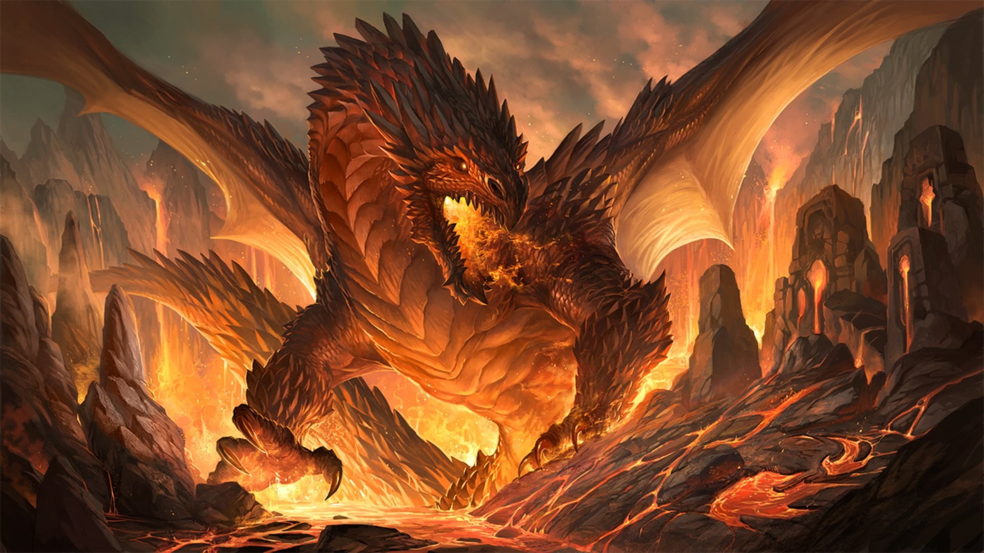 travel destinations, dragon, artwork, ruins, eroded, cloud - sky, travel, no people, non-urban scene, 1080P, mountain, fire, lava, power in nature, teeth, HD Wallpaper