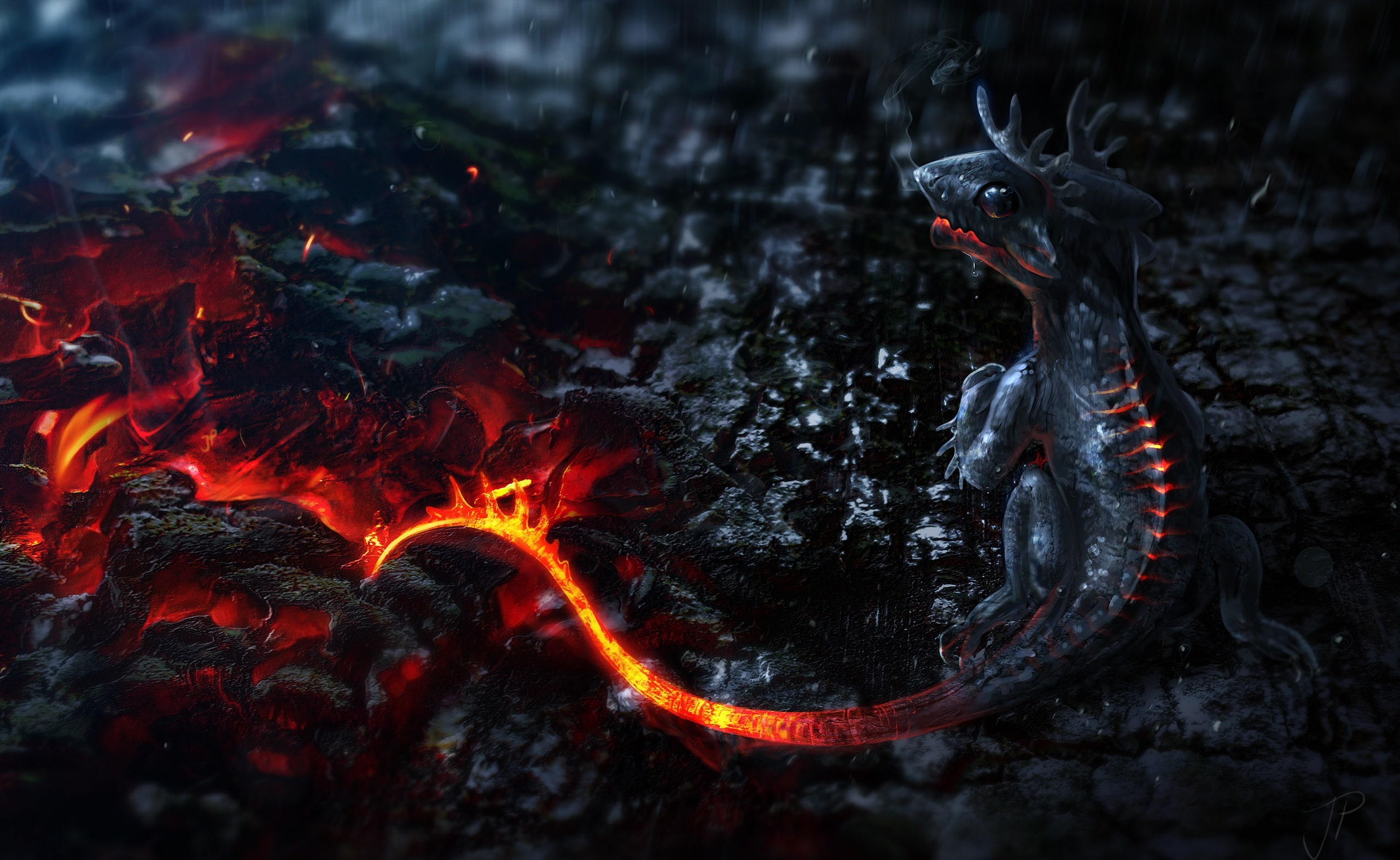 motion, salamander, black color, animal wildlife, flame, fire - natural phenomenon, fire, water, burning, Artistic, Fantasy, animals in the wild, HD Wallpaper