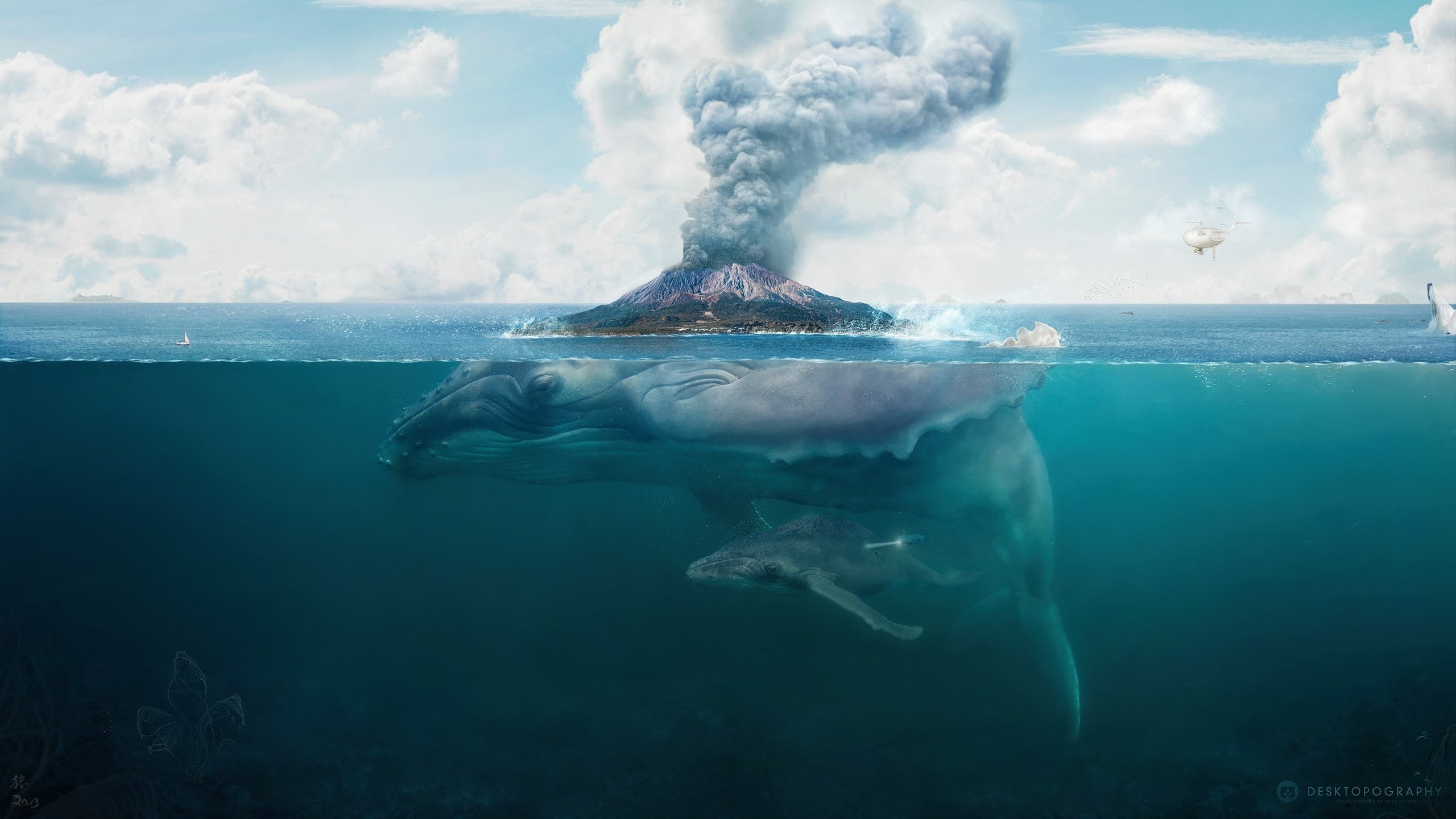 psychedelic, Whale, ocean, Hq, art, fantasy, volcano, 2K, island, underwater, HD Wallpaper