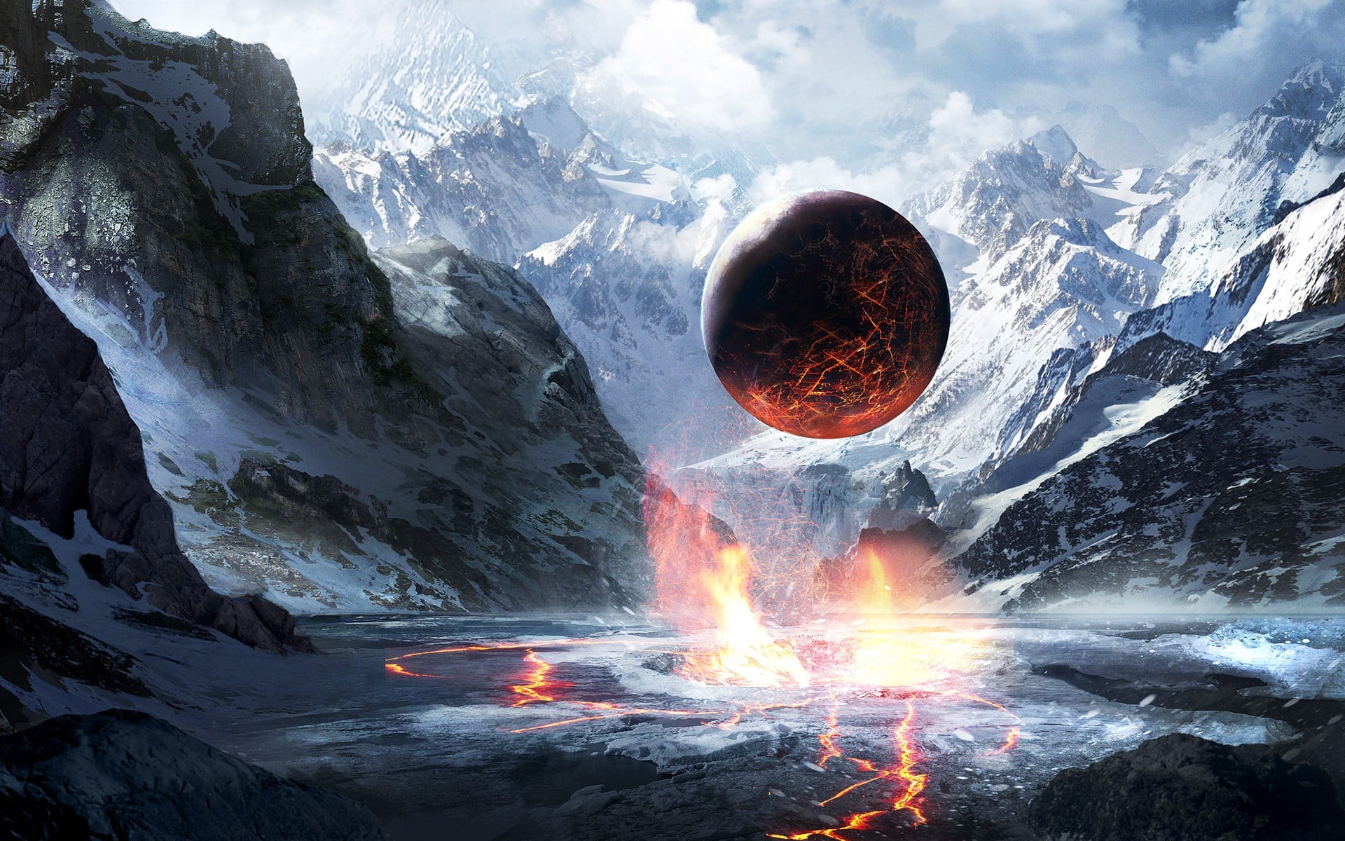 environment, beauty in nature, lava, snow, 1080P, planet, outdoors, fantasy art, rock, nature, science fiction, burning, fire, melting, heat - temperature, HD Wallpaper