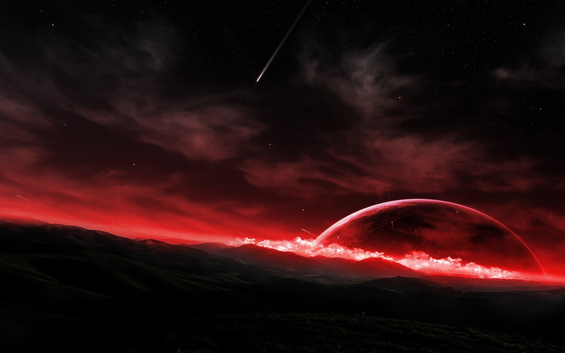 cloud - sky, mountain, outdoors, star - space, black, nature, beauty in nature, sky, 1080P, volcano, environment, red, lava, abstract, tranquil scene, HD Wallpaper