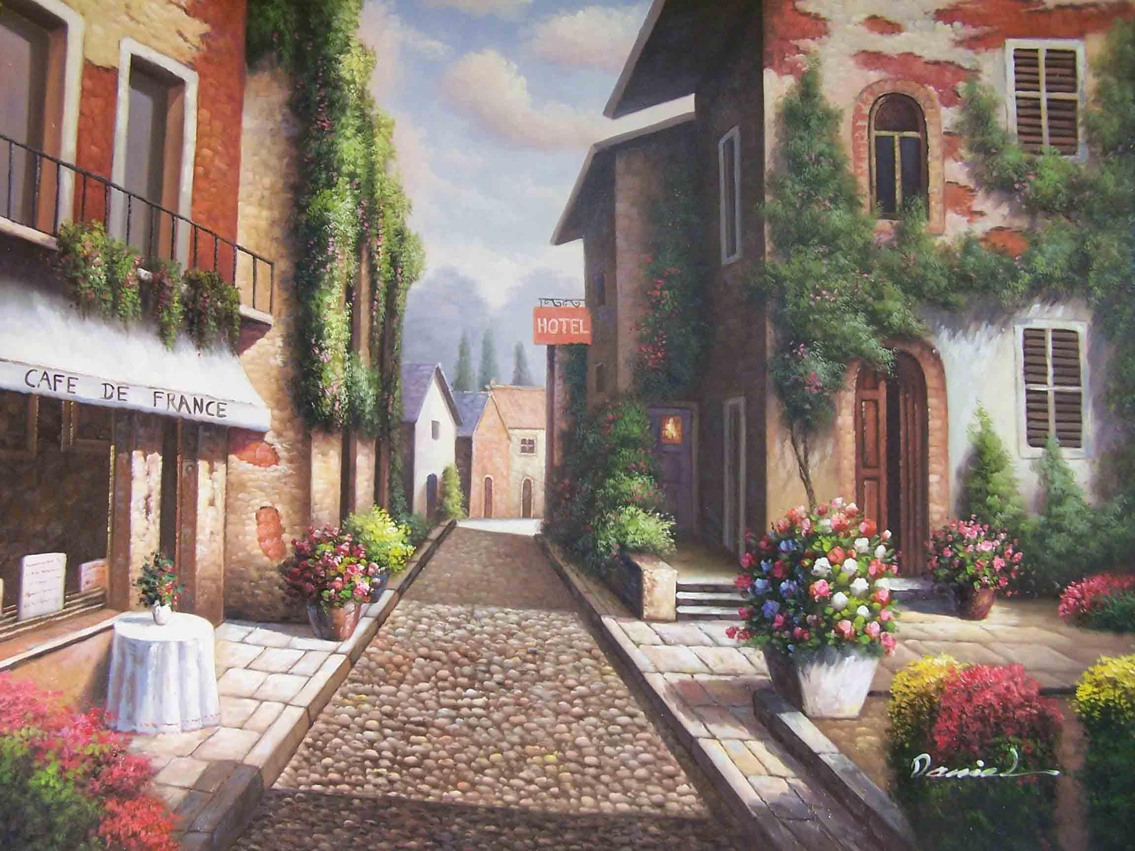 spring, 1080P, warm, bright, springtime, pots flowers, 3d and ab, cobblestone roads, sunny, hotel, buildings, homes, france, table, HD Wallpaper