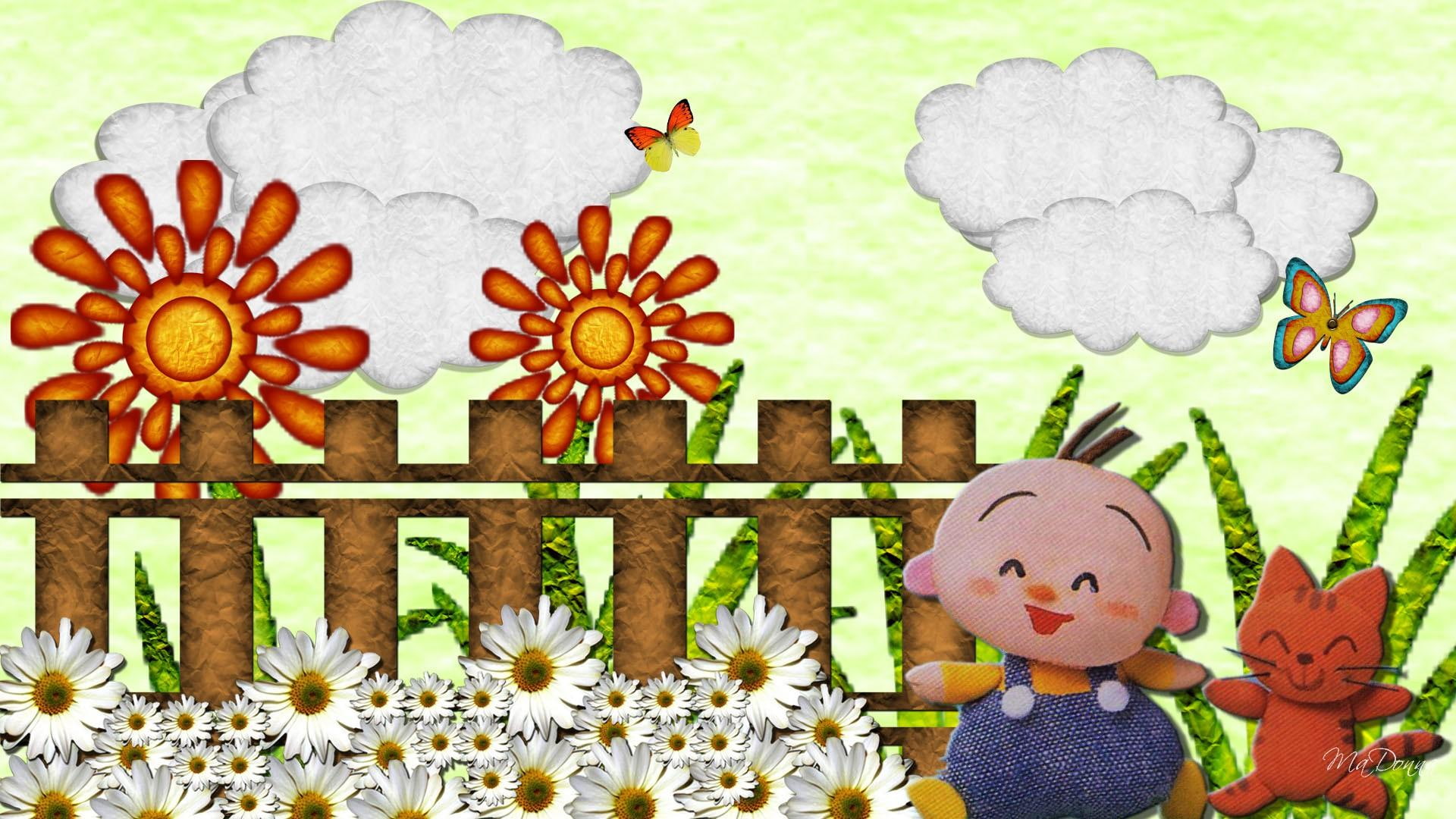 kitty, 1080P, butterflies, toys, cute, fun, green, fence daisies, springtime, clouds, 3d, firefox persona, flowers, HD Wallpaper