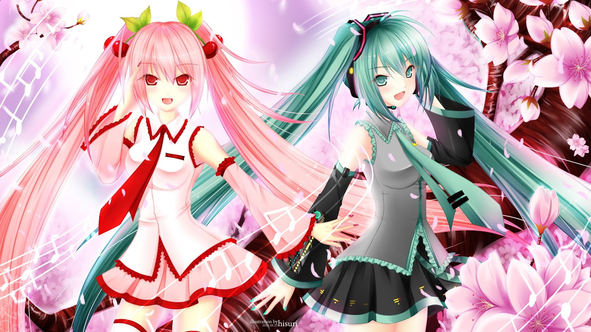 1080P, anime, Sakura Miku, cherry blossom, twintails, anime girls, Vocaloid, Hatsune Miku, HD Wallpaper