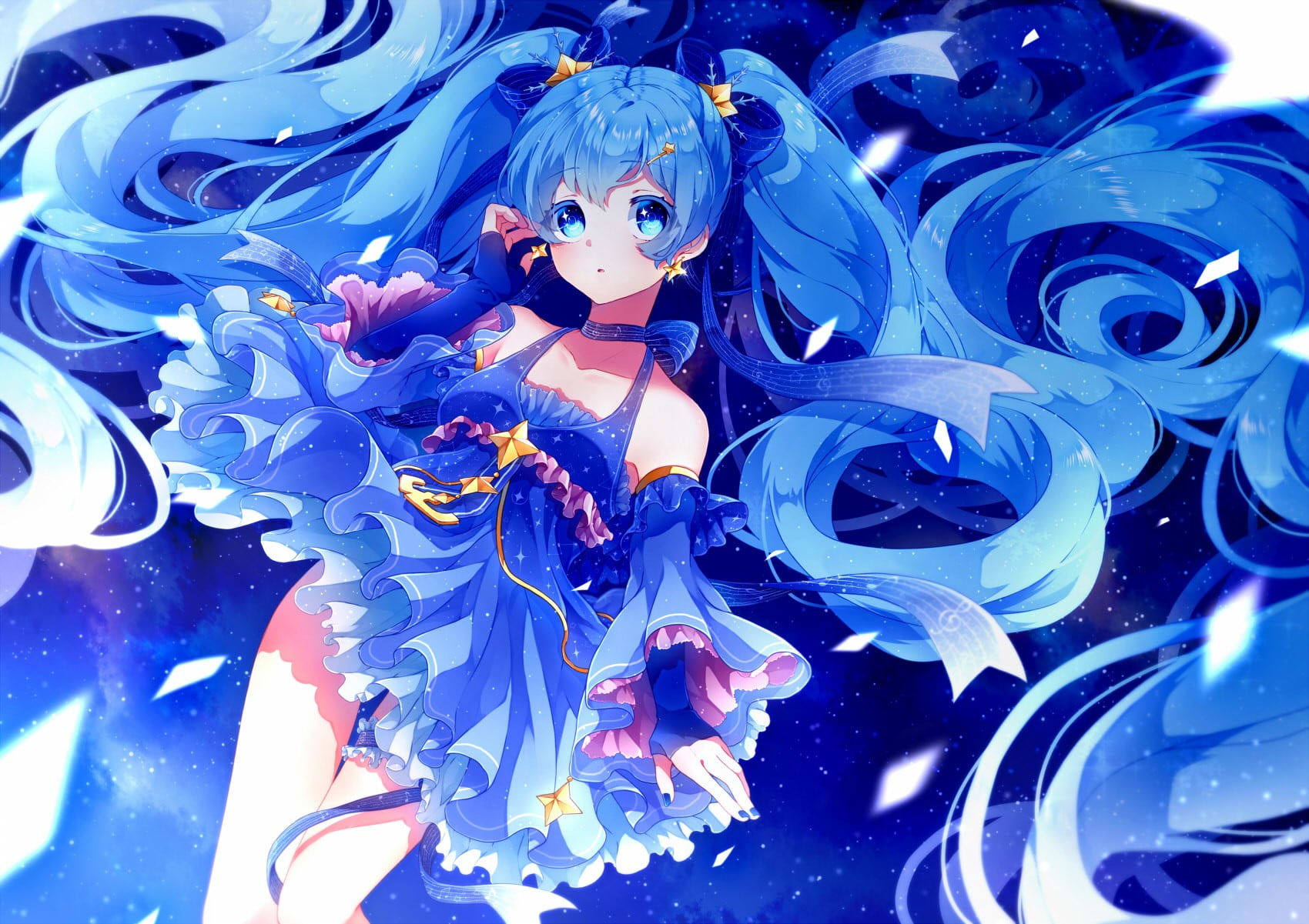 blue hair, twintails, anime, statue, flower, carnival, close-up, indoors, Vocaloid, festival, art and craft, creativity, female likeness, Hatsune Miku, HD Wallpaper
