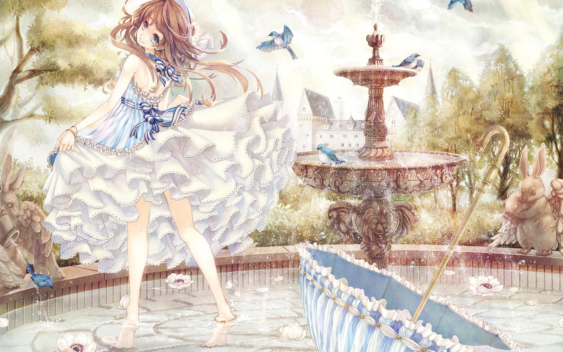 character, brown, rabbit, secret garden, hair, secret, garden, fountain, 1080P, girl, female, acg, anime girl, anime, HD Wallpaper