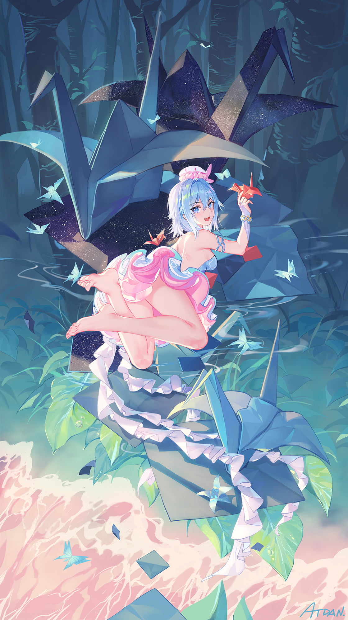 anime girls, butterfly, paper cranes, cranes (bird), artwork, Atdan, looking at viewer, 1080P, blue hair, paper, bare shoulders, blue eyes, original characters, Phone HD Wallpaper