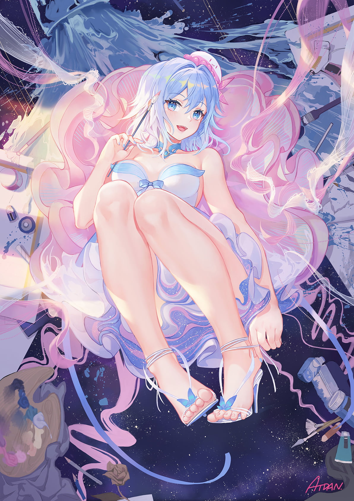 cleavage, dress, painting, artwork, blue eyes, 2D, 720P, brush, Atdan, blue hair, smiling, anime girls, digital art, paintbrushes, anime, original characters, Phone HD Wallpaper