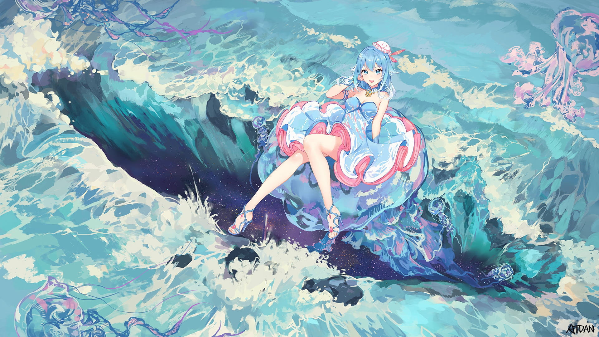 Atdan, Pixiv, original characters, 1080P, digital art, anime, anime girls, blue hair, HD Wallpaper