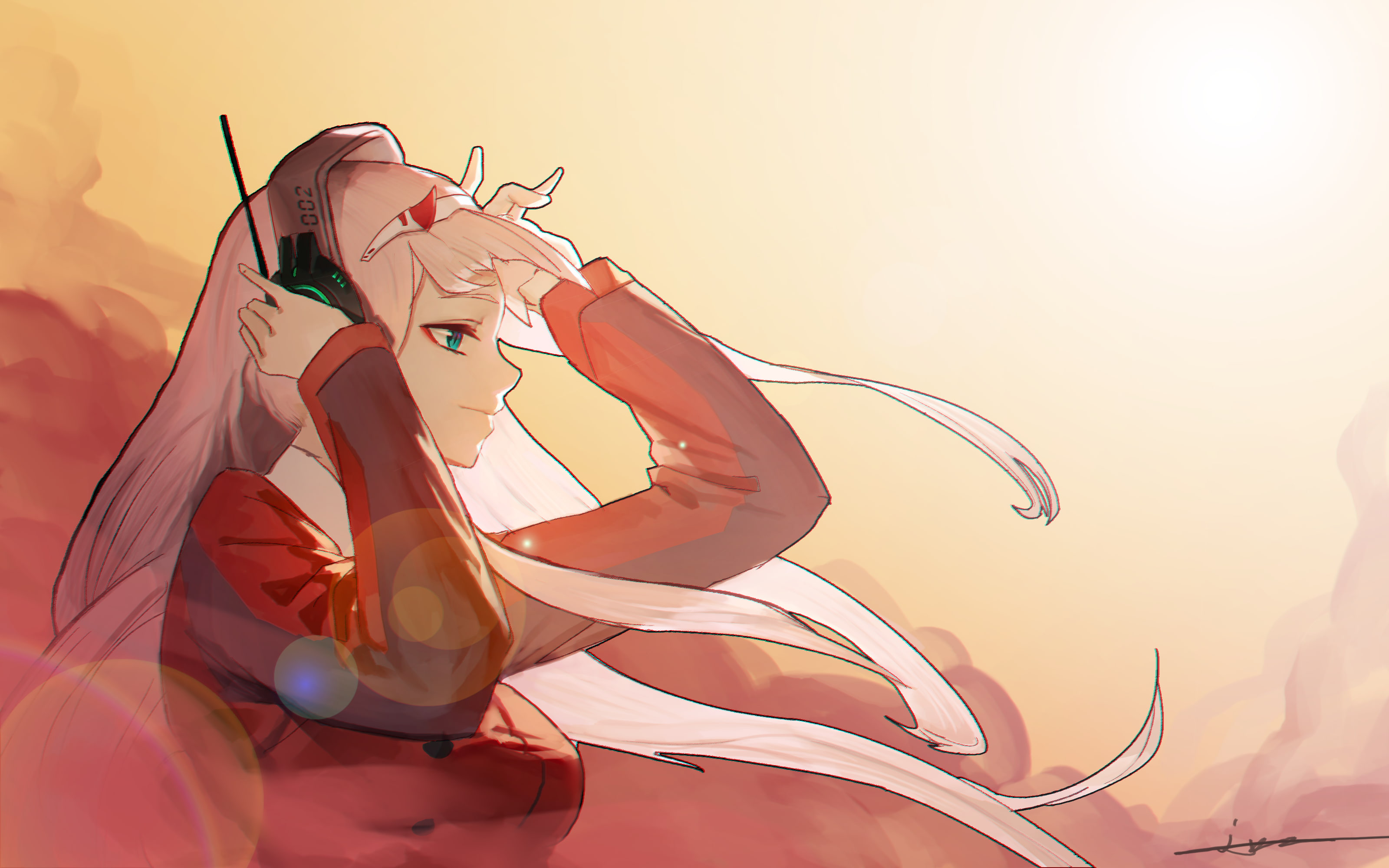 artwork, lens flare, digital art, 2D, fan art, illustration, looking into the distance, portrait, smiling, anime, profile, long hair, Darling in the FranXX, HD Wallpaper