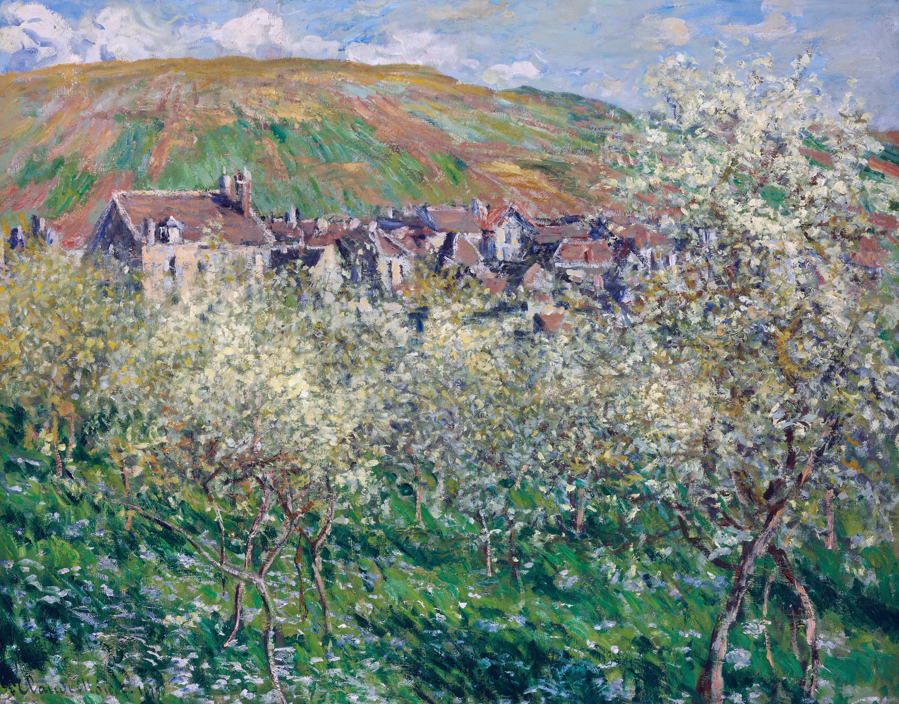 Plum in Bloom at Vétheuil, 2K, landscape, picture, Claude Monet, HD Wallpaper