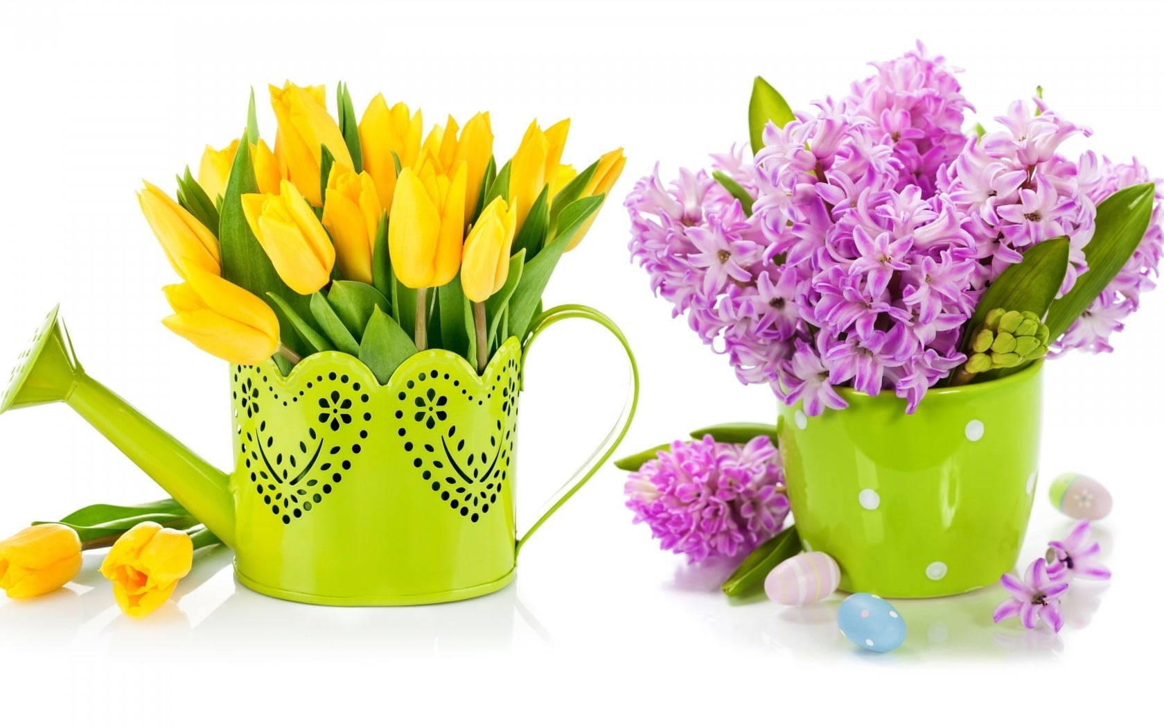 purple lilac, lilac, spring, yellow tulips, 720P, tulips, yellow, bouquet, purple, HD Wallpaper