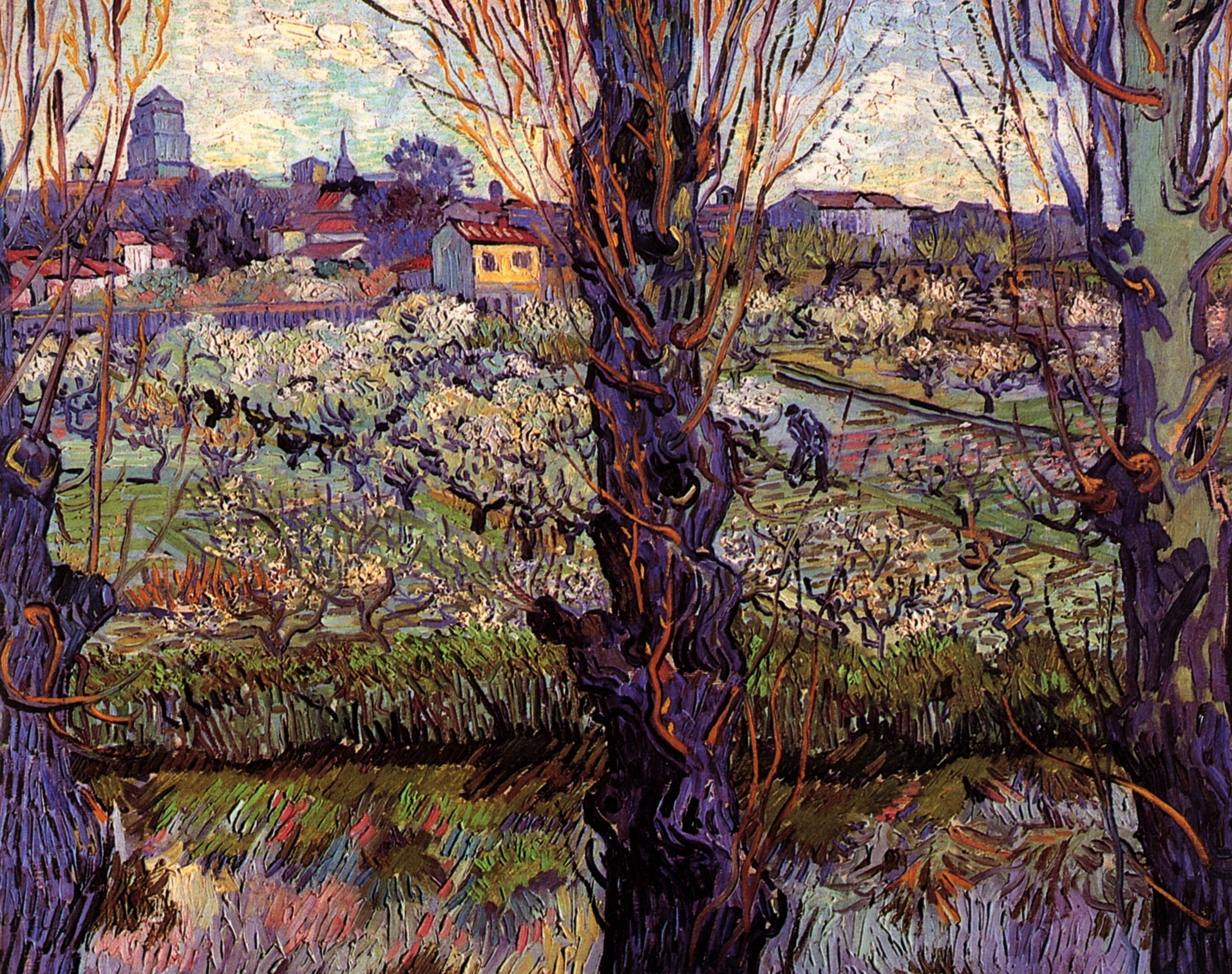 Vincent van Gogh, 2K, Orchard in Blossom, with View of Arles, HD Wallpaper
