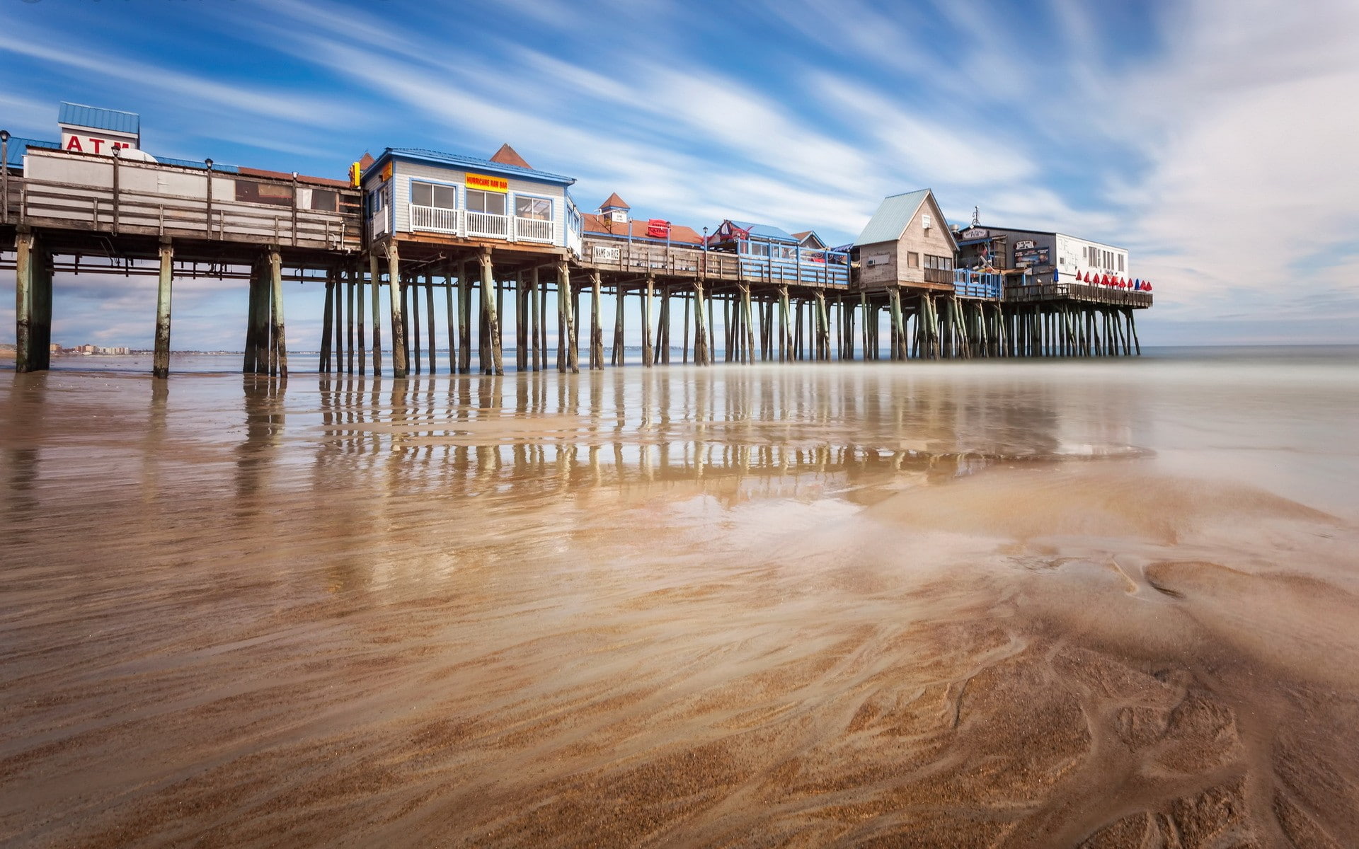 reflection, travel destinations, building, beach, sea, no people, low tide, built structure, land, architecture, Old Orchard Beach, building exterior, cloud - sky, HD Wallpaper