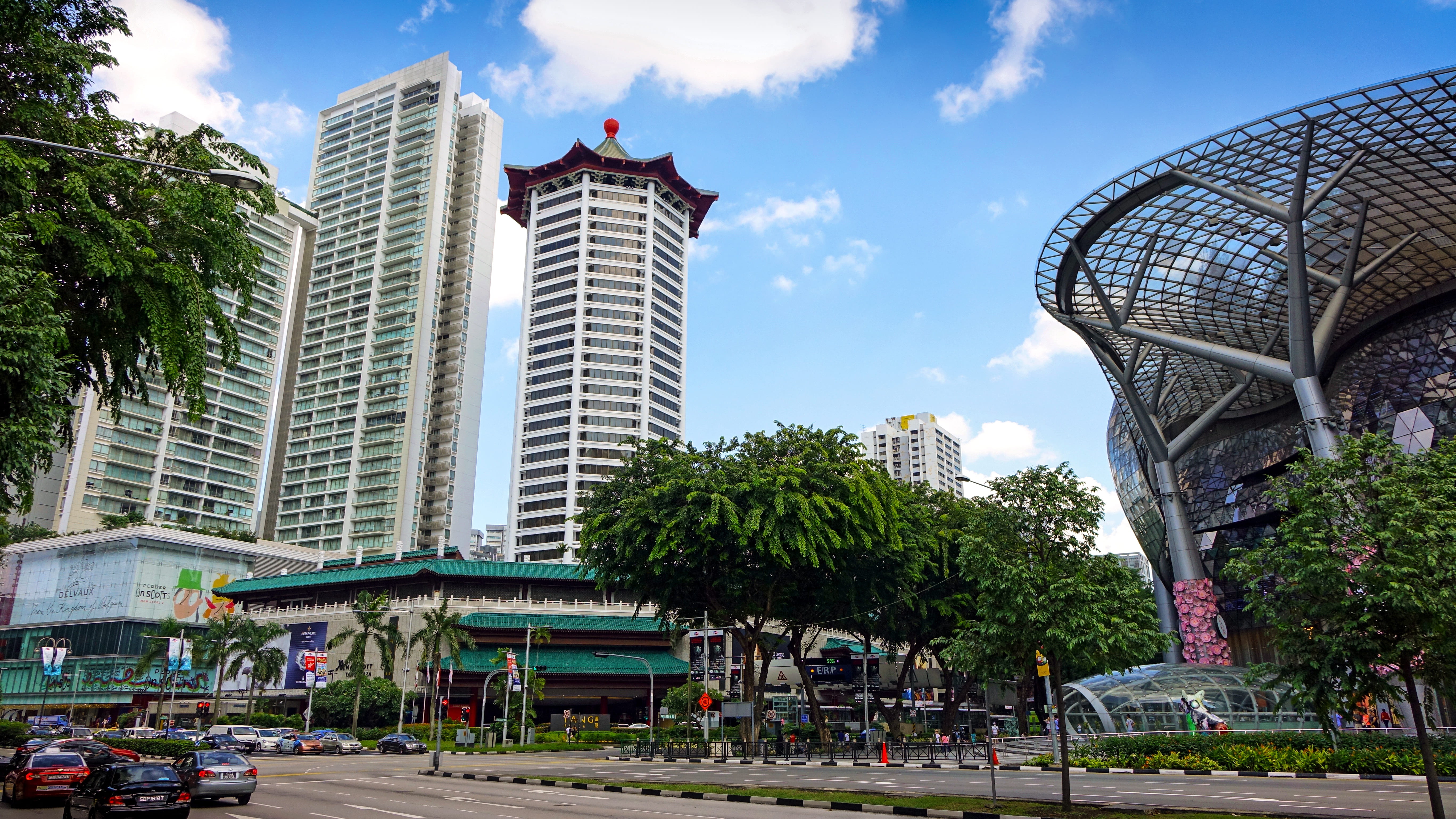 people, skyscraper, cloud - sky, high, rise, orchard road, tall - high, tourist, 5K, greenery, trees, cityscape, hotel, incidental people, transportation, HD Wallpaper