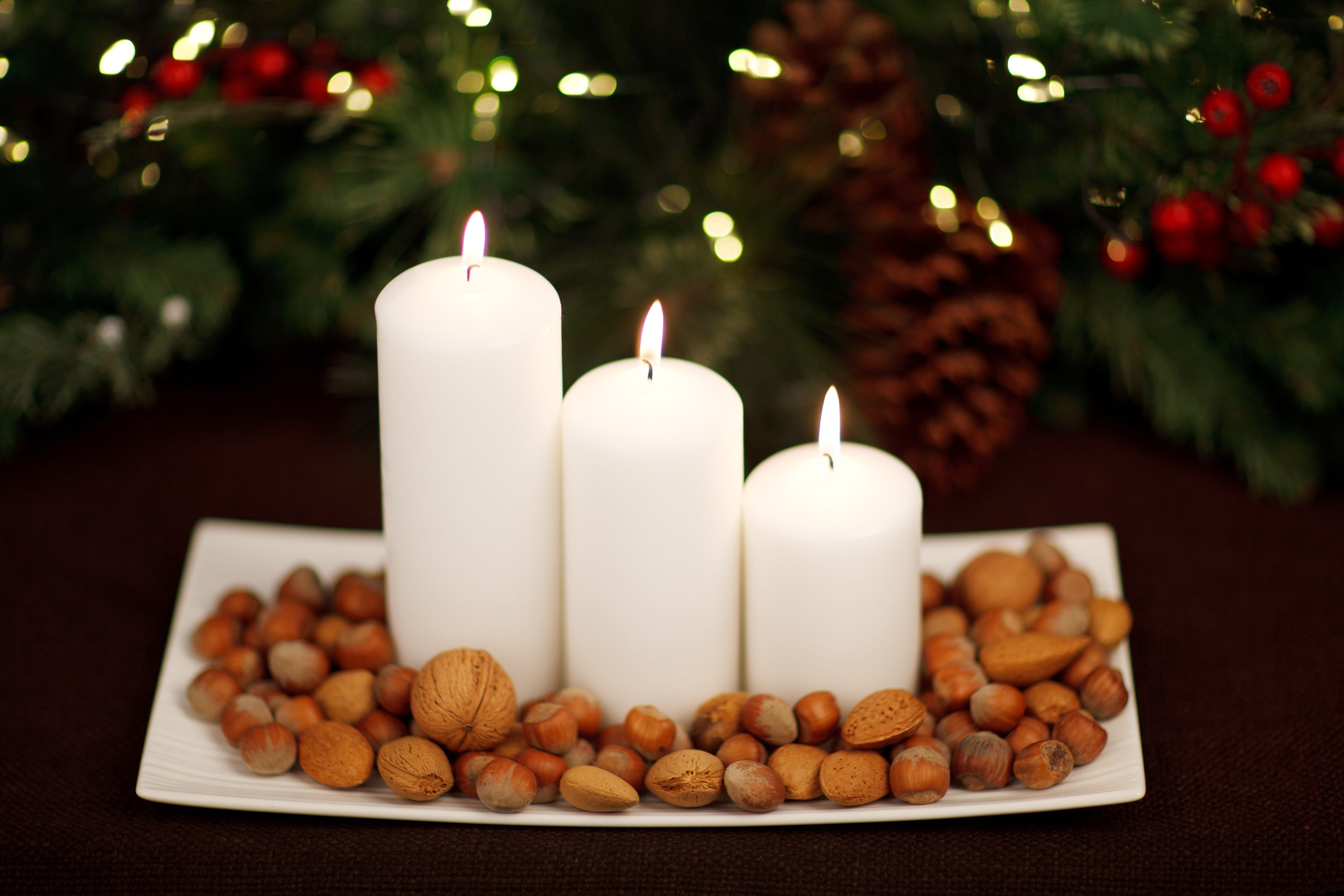 tree, snack, december, decor, light, spruce, white, indoors, xmas, glow, advent, three, hazelnut, celebration, table, white color, tray, garland, christmas Ornament, HD Wallpaper