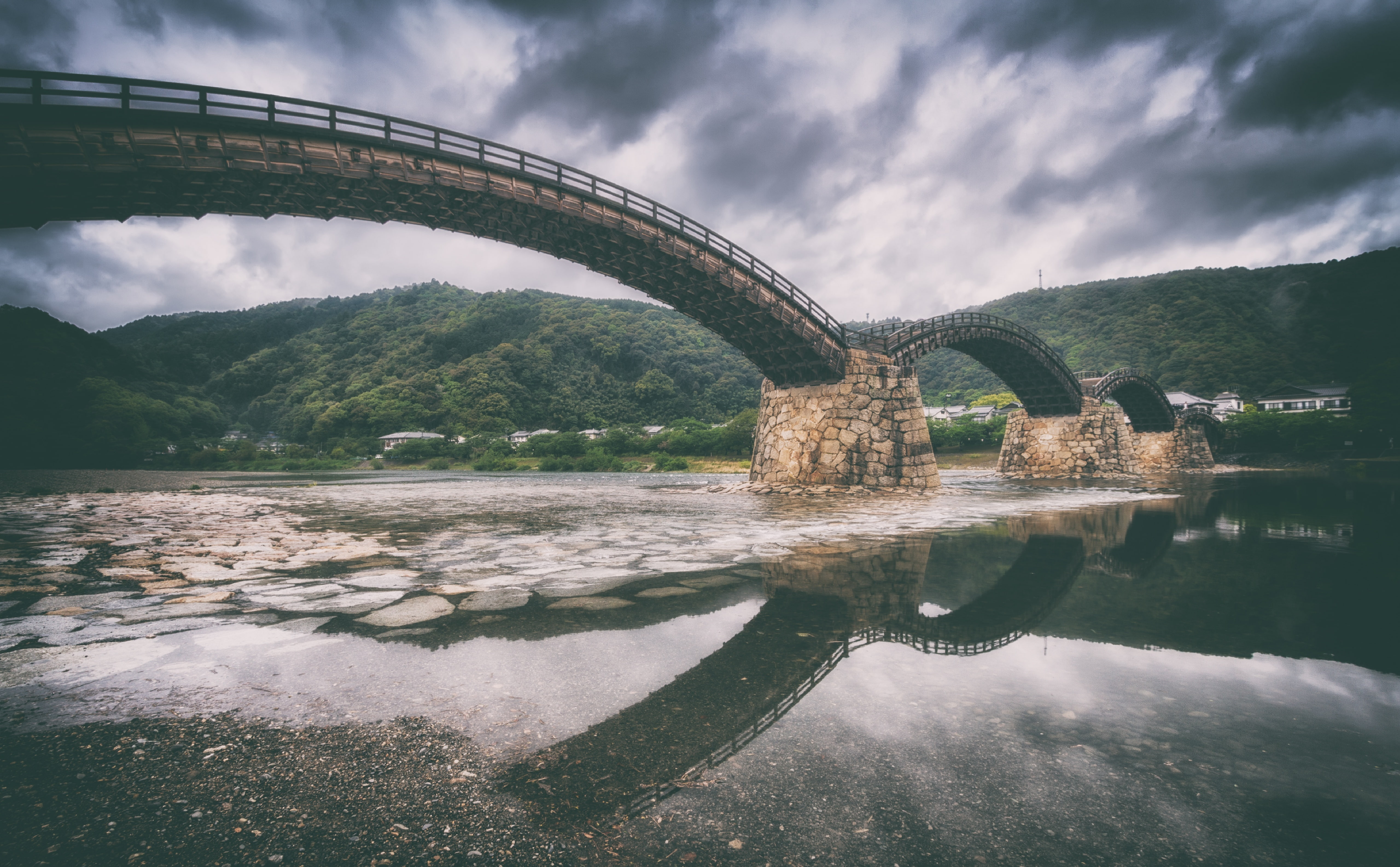 architecture, iwakuni1chome, Wooden, iwakuni, Reflection, river, Bridge, no people, arch, nature, connection, waterfront, Vintage, tree, transportation, HD Wallpaper