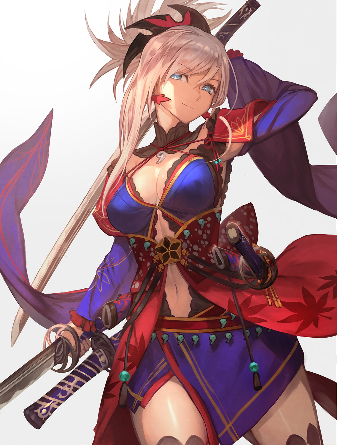 digital art, swordswoman, Miyamoto Musashi (fategrand order), anime girls, white hair, 720P, Phone HD Wallpaper