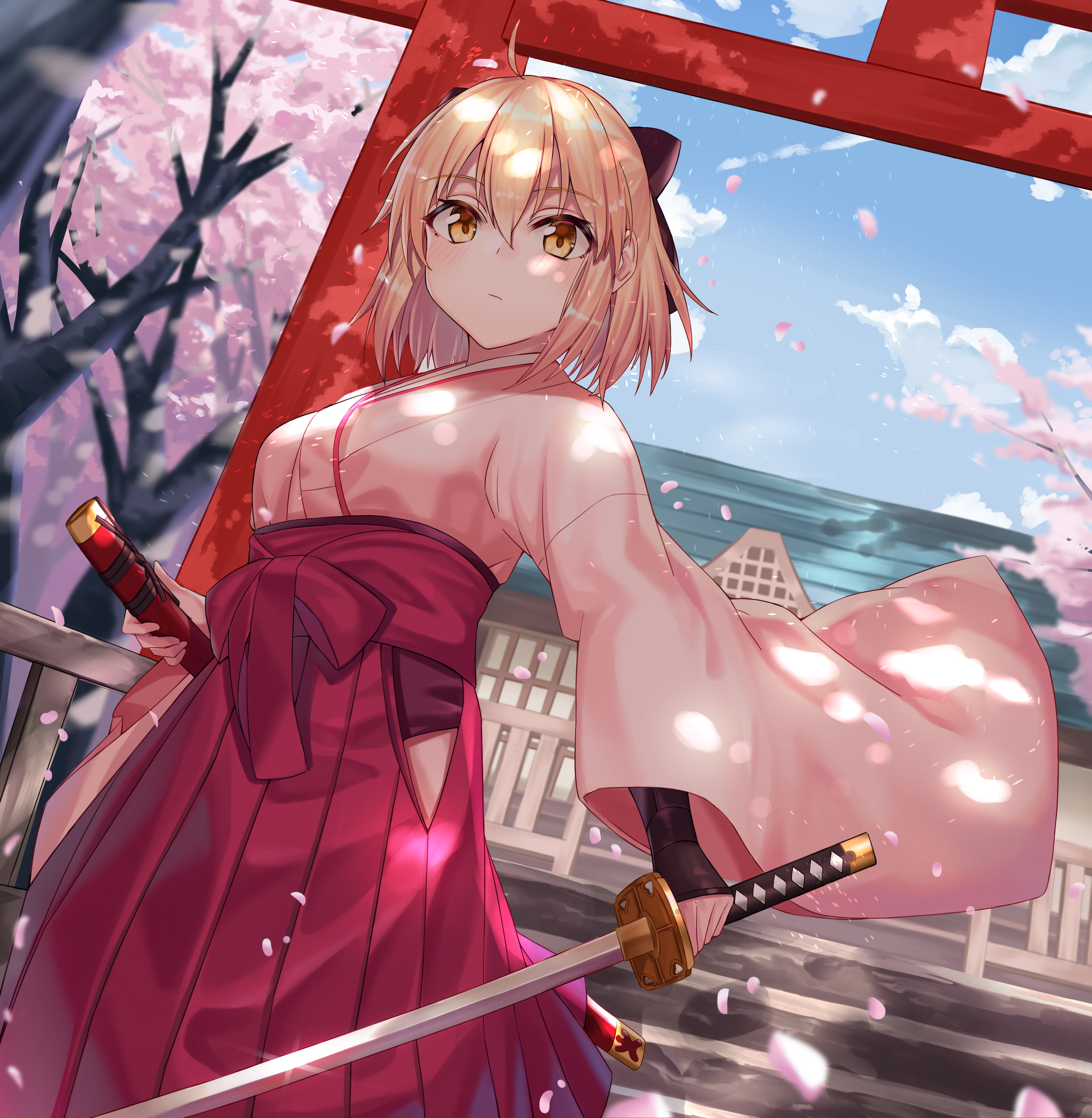 artwork, anime, vertical, Fate/Grand Order, digital art, portrait, short hair, 2K, portrait display, Souji Okita (Fate), sky, yellow eyes, blonde, trees, Phone HD Wallpaper