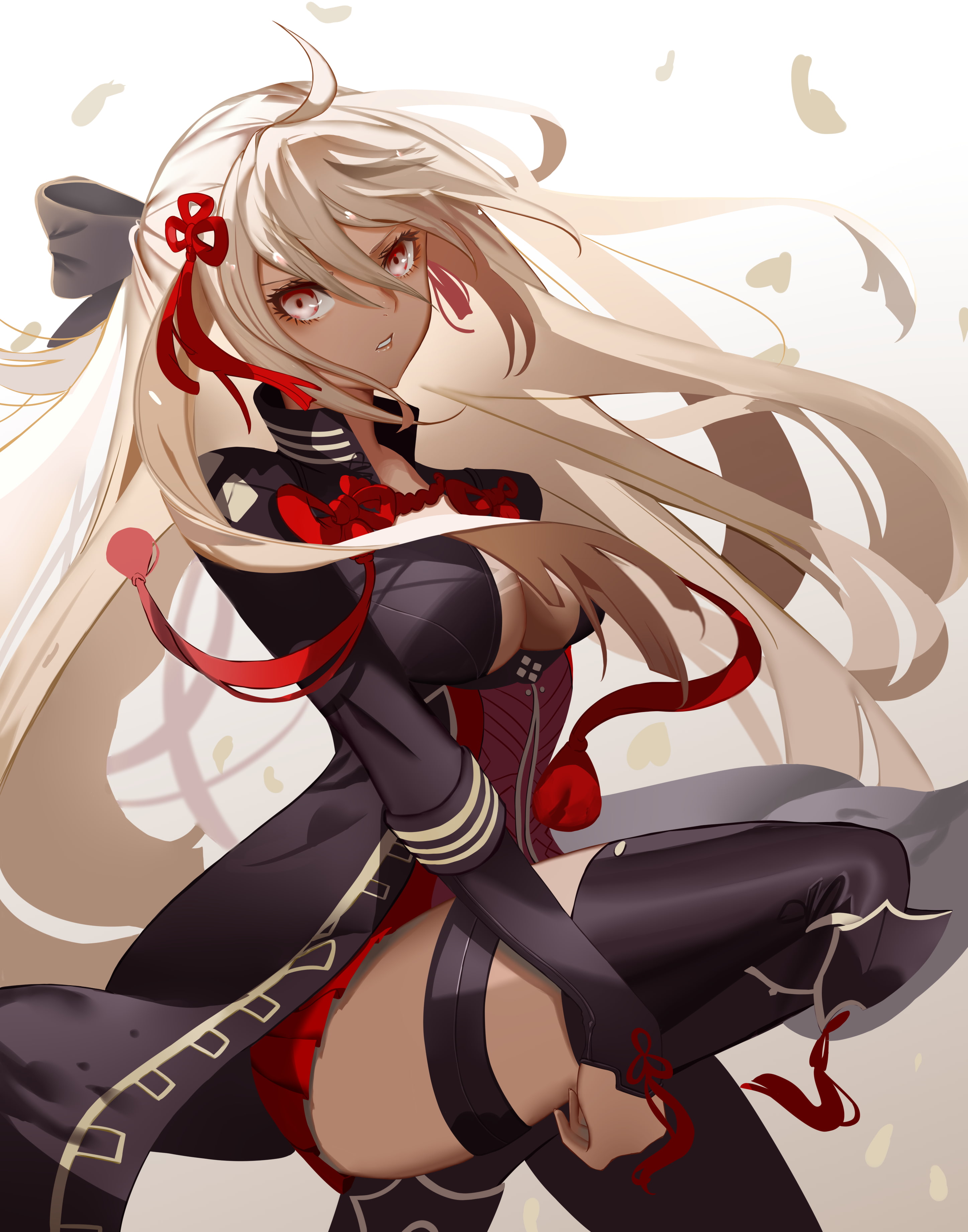 ahoge, simple background, long hair, black legwear, anime girls, anime, white background, stockings, white hair, Fate Series, Okita Souji, looking at viewer, Phone HD Wallpaper