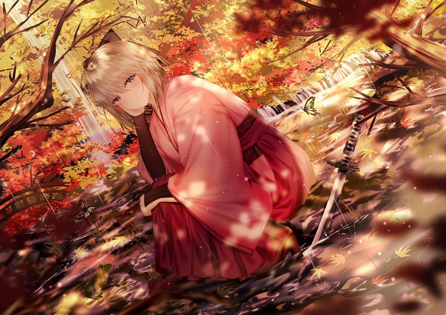 forest, rain, Japanese clothes, 720P, sword, katana, Fate/Grand Order, weapon, Okita Souji, yellow eyes, short hair, HD Wallpaper