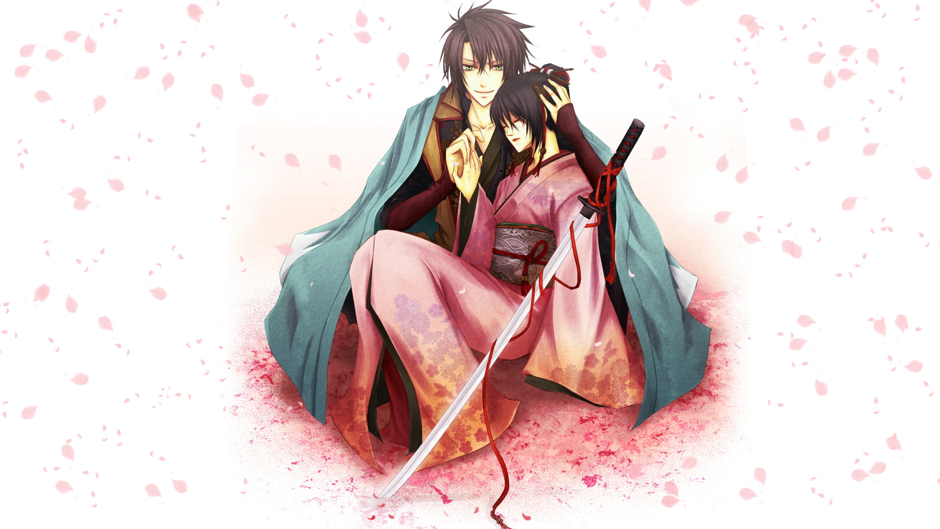 katana, indoors, sitting, anime, young Adult, people, white background, human representation, Tidzuru Yukimura, studio shot, adult, gift, females, backgrounds, HD Wallpaper