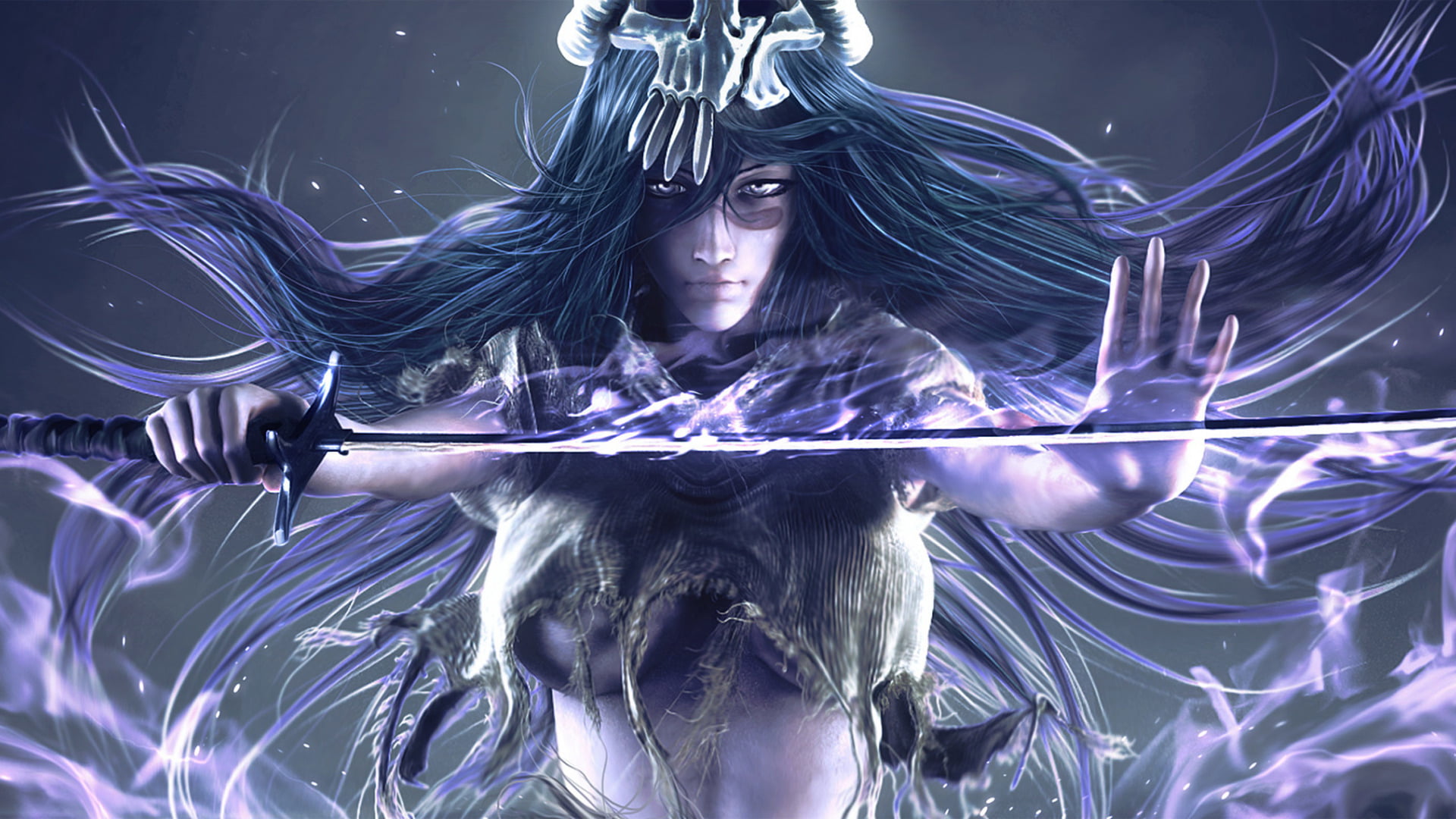 long hair, wielding, futuristic, adult, people, anime, the arrancar, backgrounds, fantasy, front view, illuminated, looking at camera, illustration, HD Wallpaper