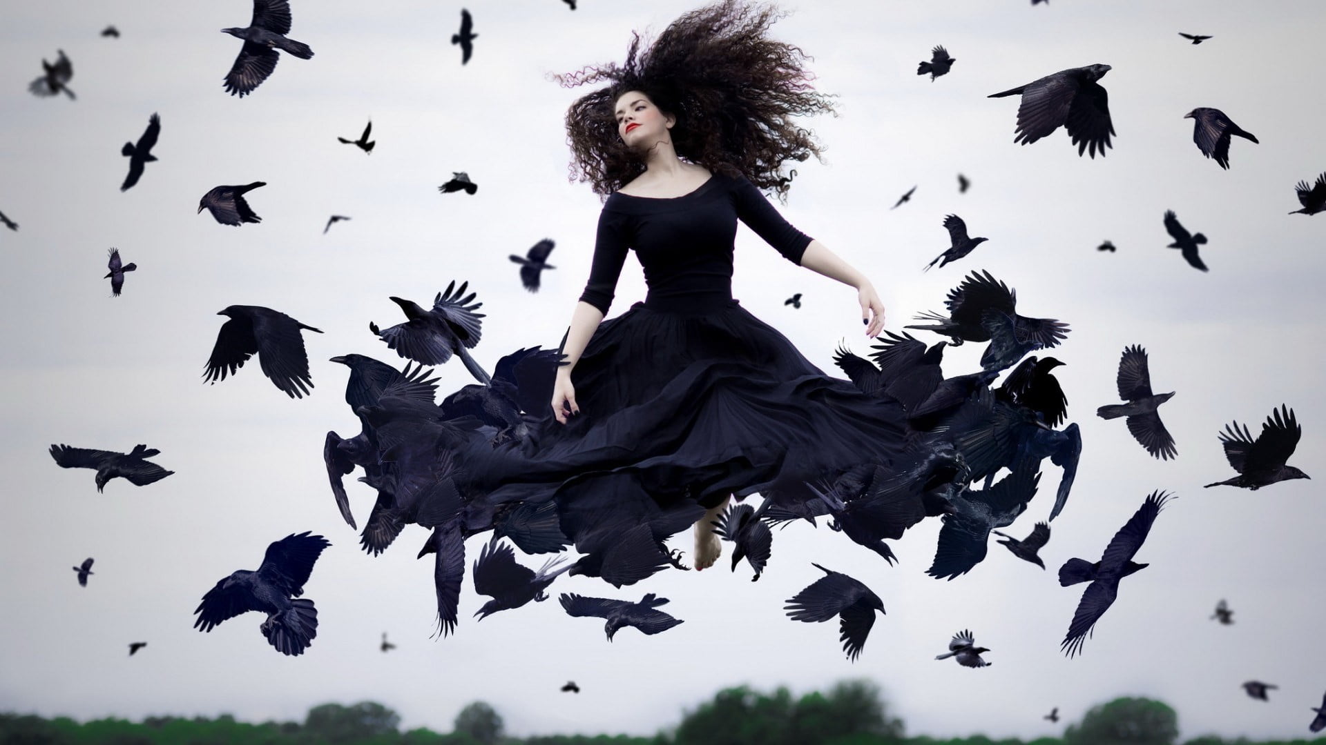 digital composite, model, dress, brunette, flock, women outdoors, woman, motion, long, outdoors, hairstyle, animal wildlife, vertebrate, trees, gothic style, HD Wallpaper