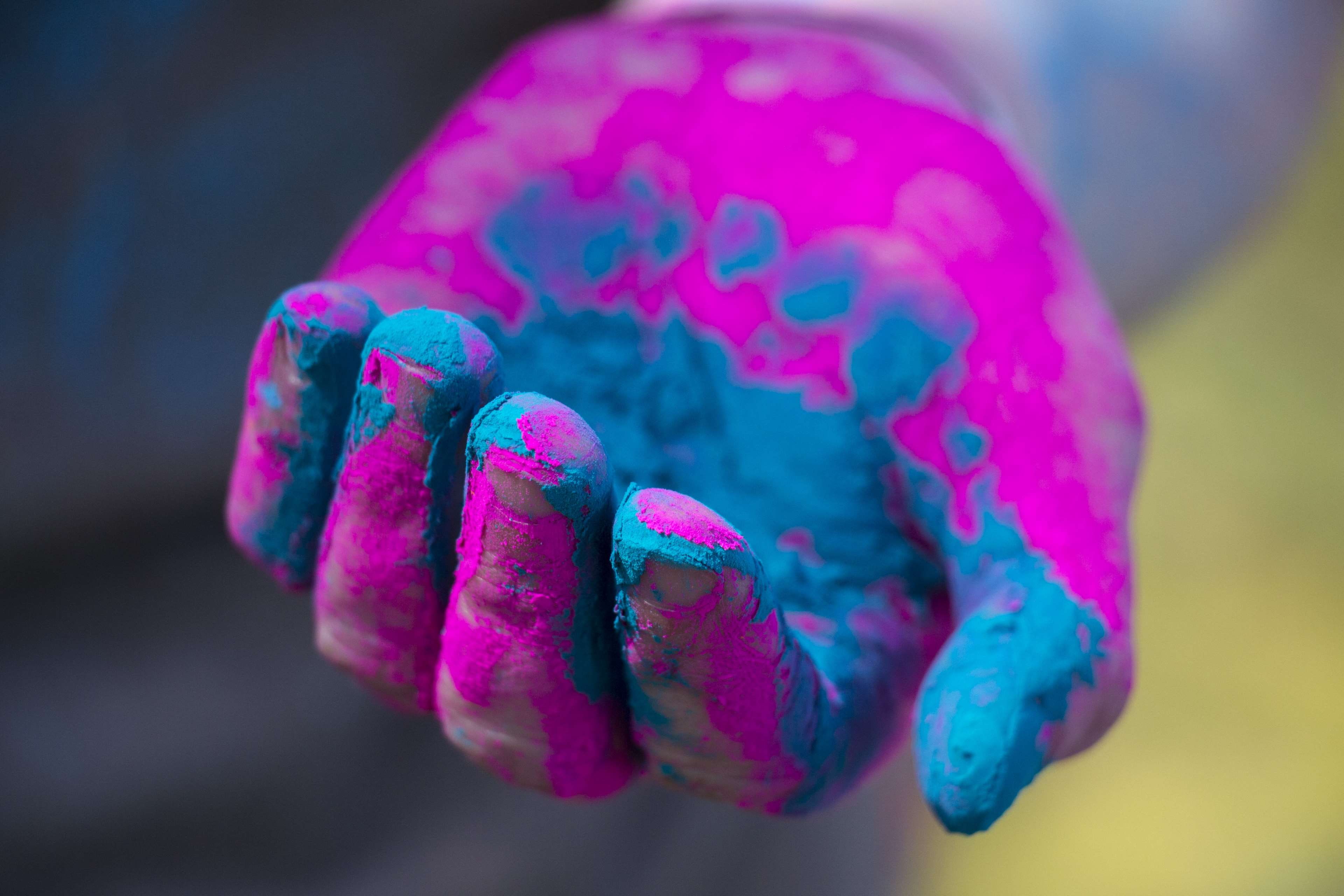 pigment, art and craft, focus on foreground, powder, hand, 4K, studio shot, neon colored, vibrant color, paint, purple, nature, indoors, multi colored, HD Wallpaper