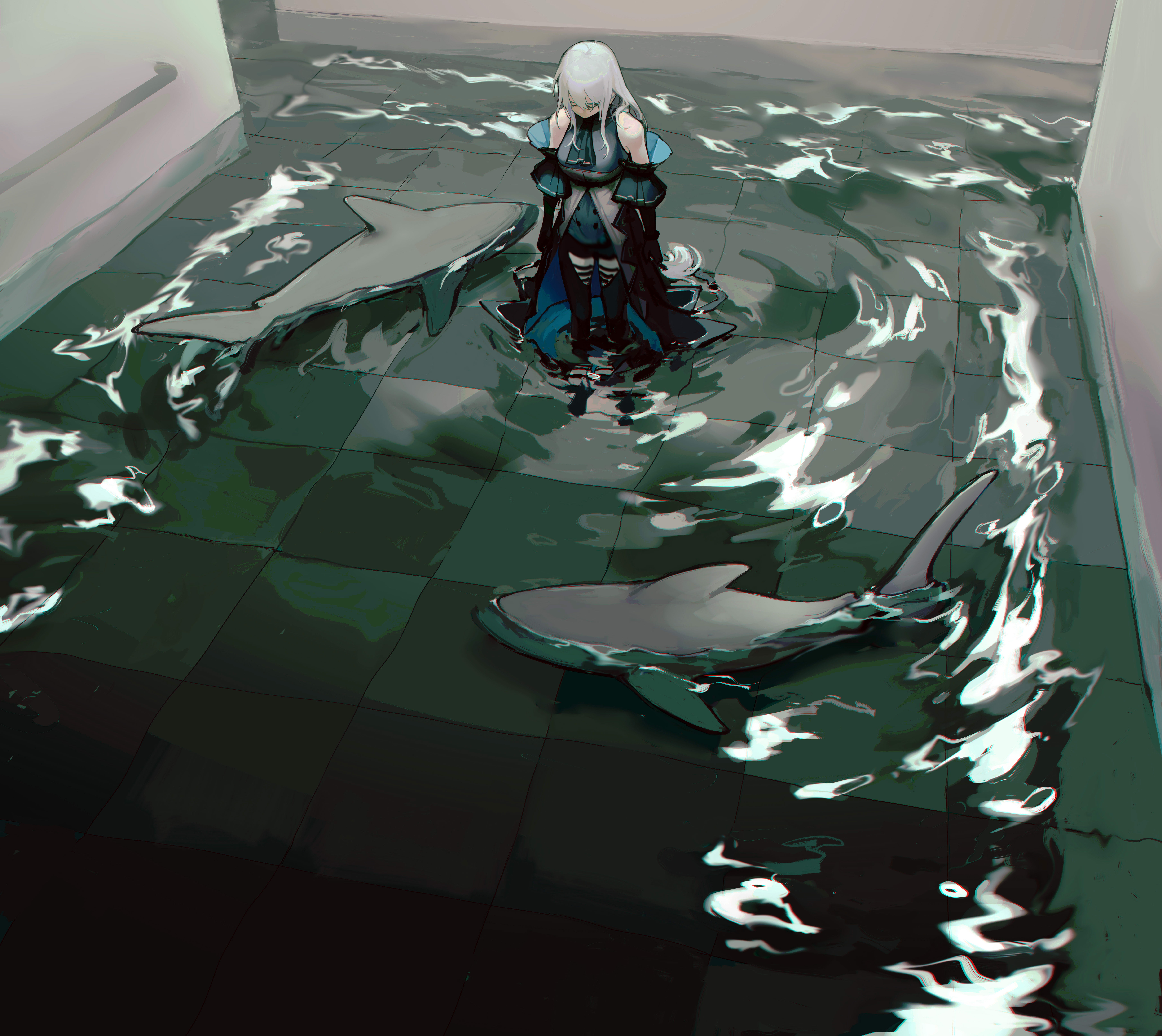 Arknights, wet, 5K, anime, Skadi(Arknights), anime girls, shark, water, HD Wallpaper