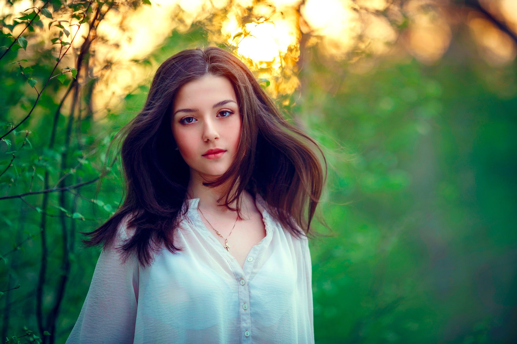 1080P, forest, standing, leisure activity, outdoors, one person, hairstyle, hair, looking at camera, tree, see-through clothing, model, long hair, women outdoors, HD Wallpaper