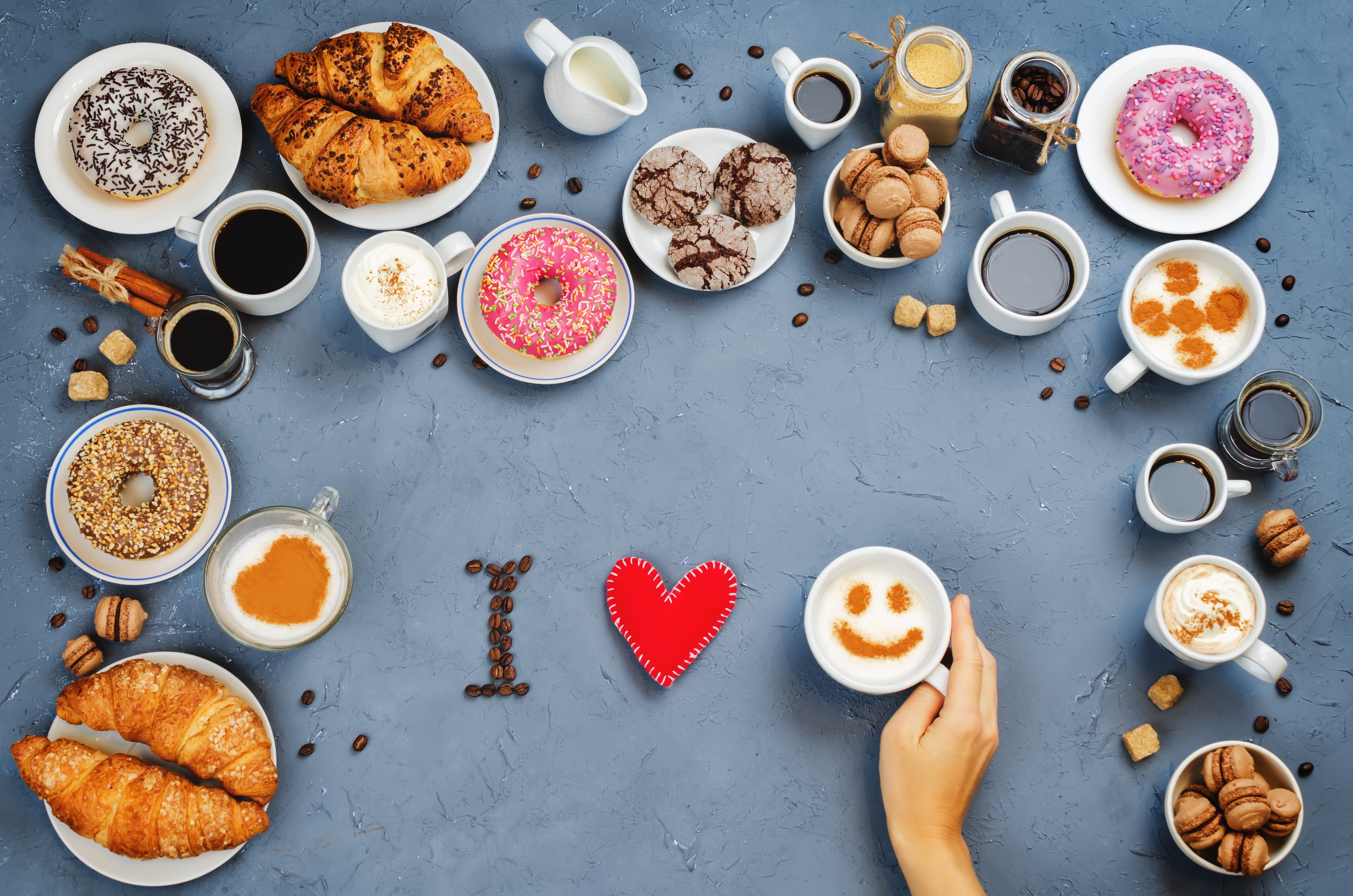 love, 4K, cup, sweets, donuts, coffee, heart, sweet, macaron, growing, I love you, cakes, croissants, macaroon, cookies, HD Wallpaper