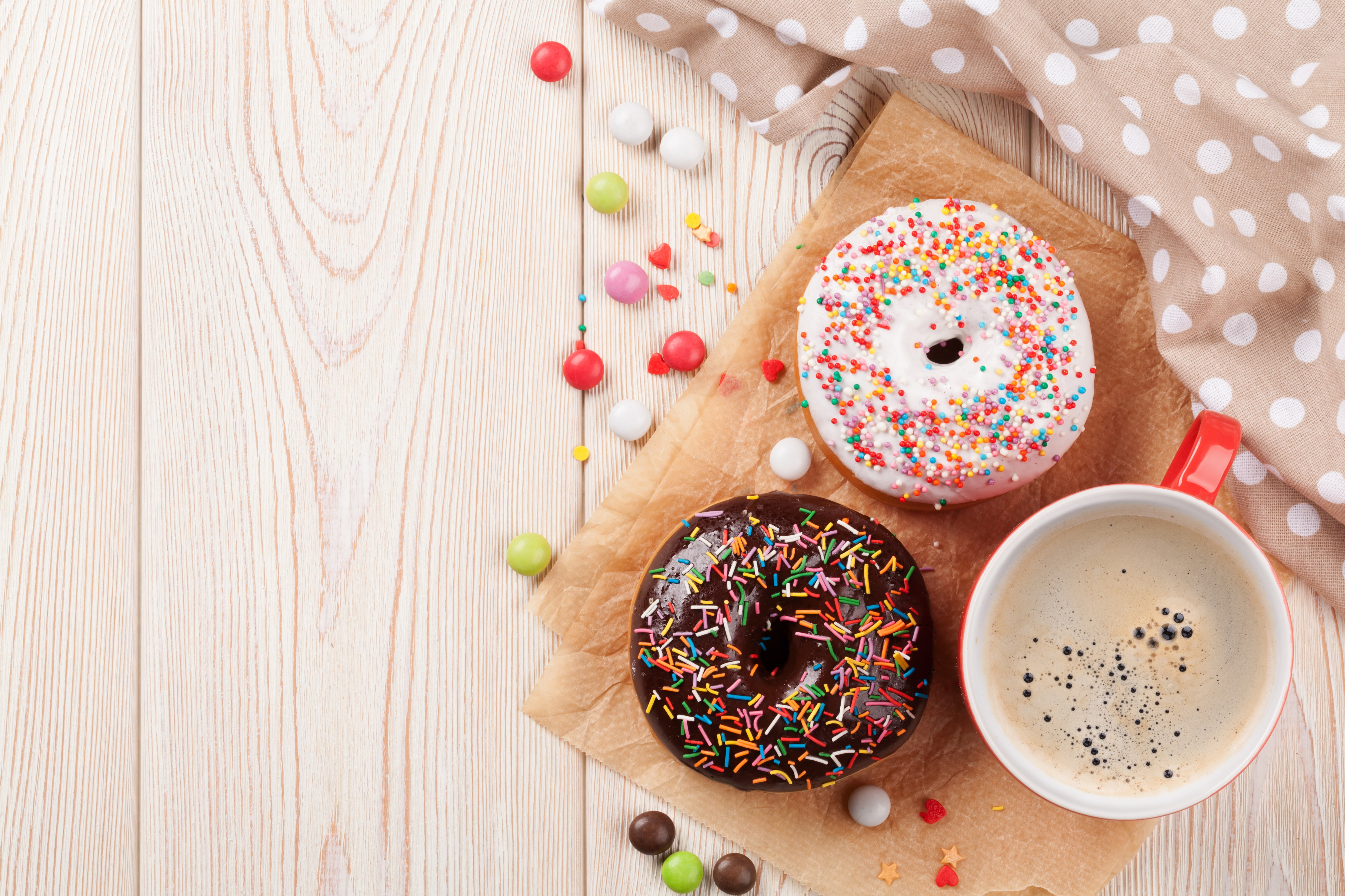 coffee, food, donuts, glaze, 5K, cakes, HD Wallpaper