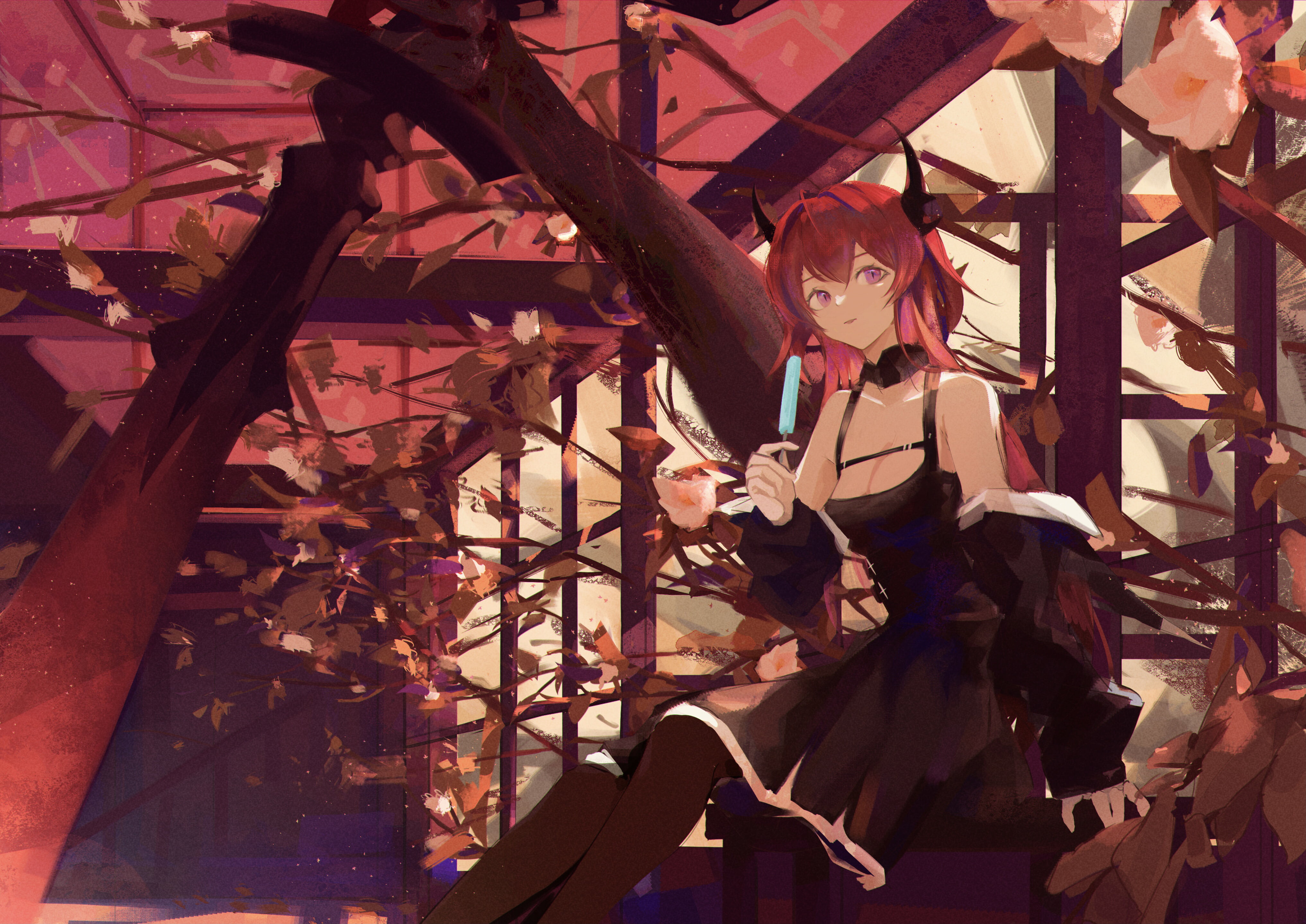 horns, anime, Arknights, Surtr (Arknights), anime girls, redhead, 4K, 7ife, HD Wallpaper