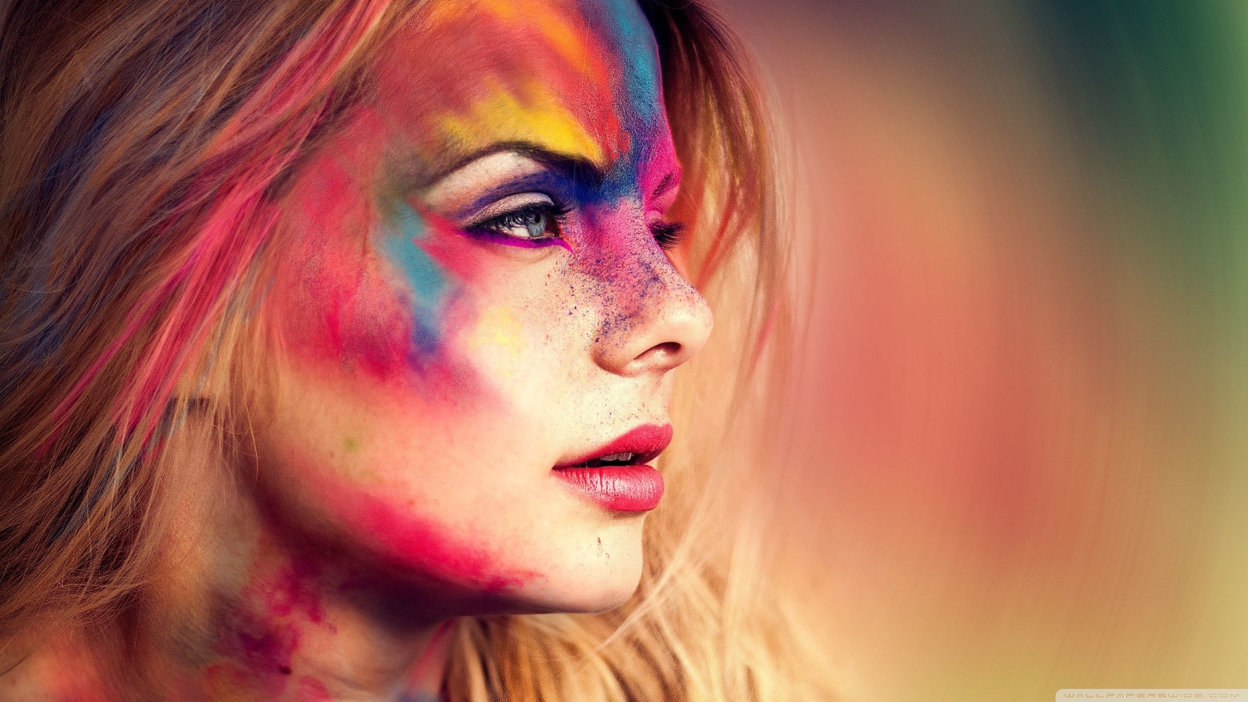 blue eyes, eyes, 2K, face, people, Holi, women, colorful, powder, HD Wallpaper