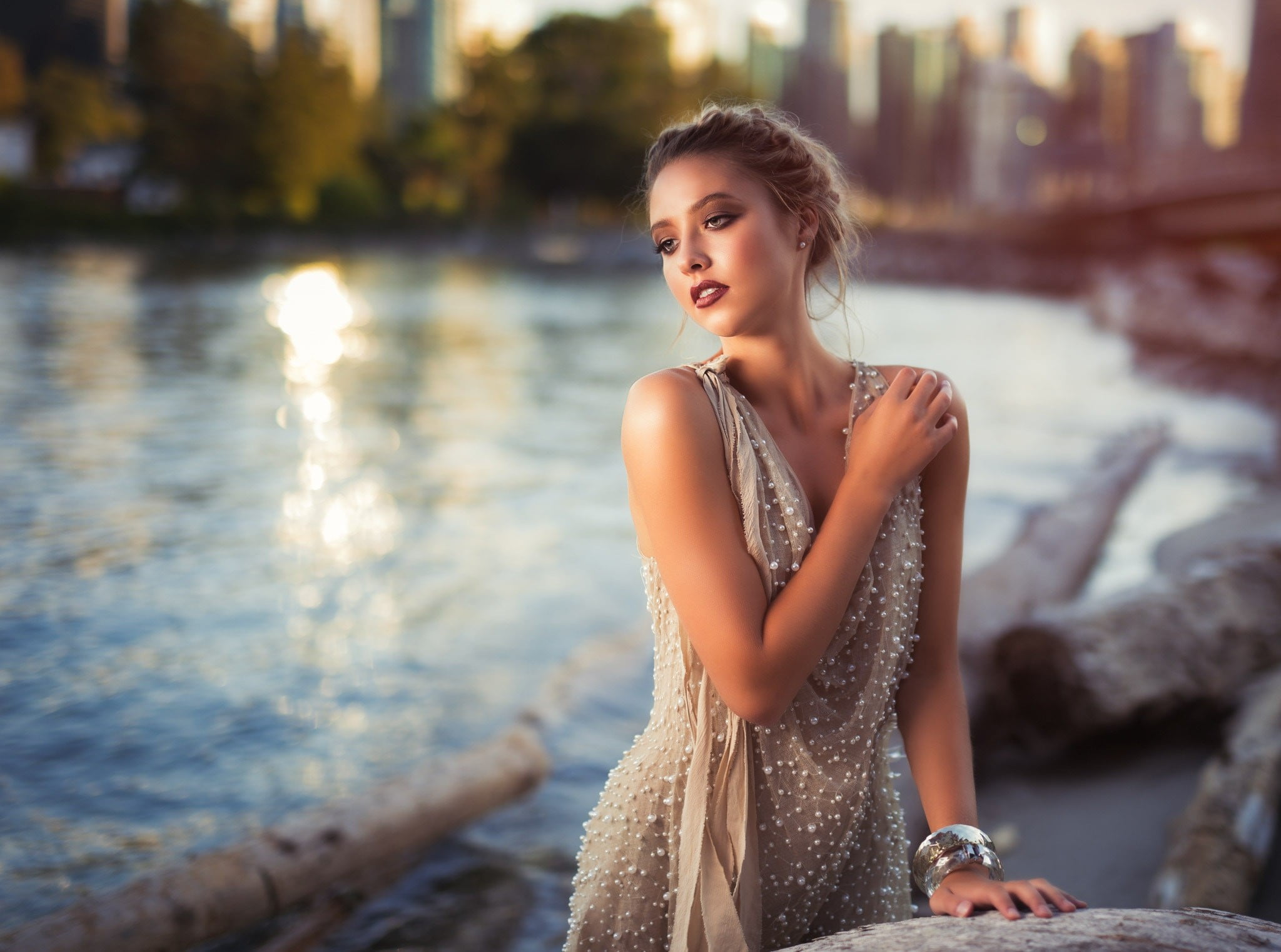 one person, dress, women outdoors, clothing, 1080P, portrait, water, beautiful woman, women, nature, 500px, young adult, three quarter length, looking at camera, HD Wallpaper