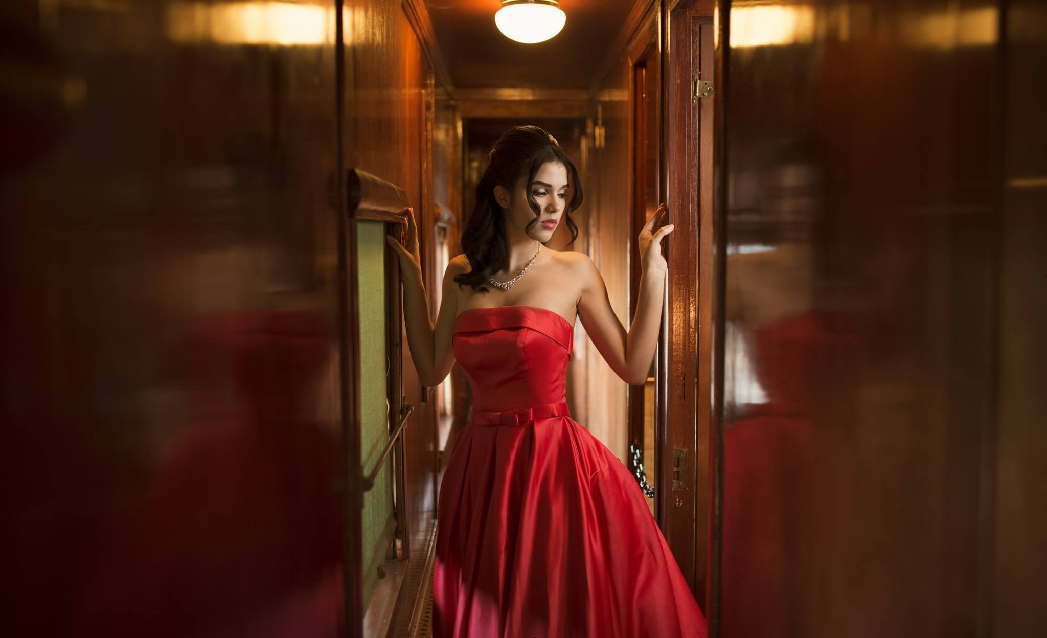 Kyle Cong, dress, indoors, model, adult, bare shoulders, contemplation, real people, women, red dress, lifestyles, strapless dress, 1080P, fashion, necklace, HD Wallpaper