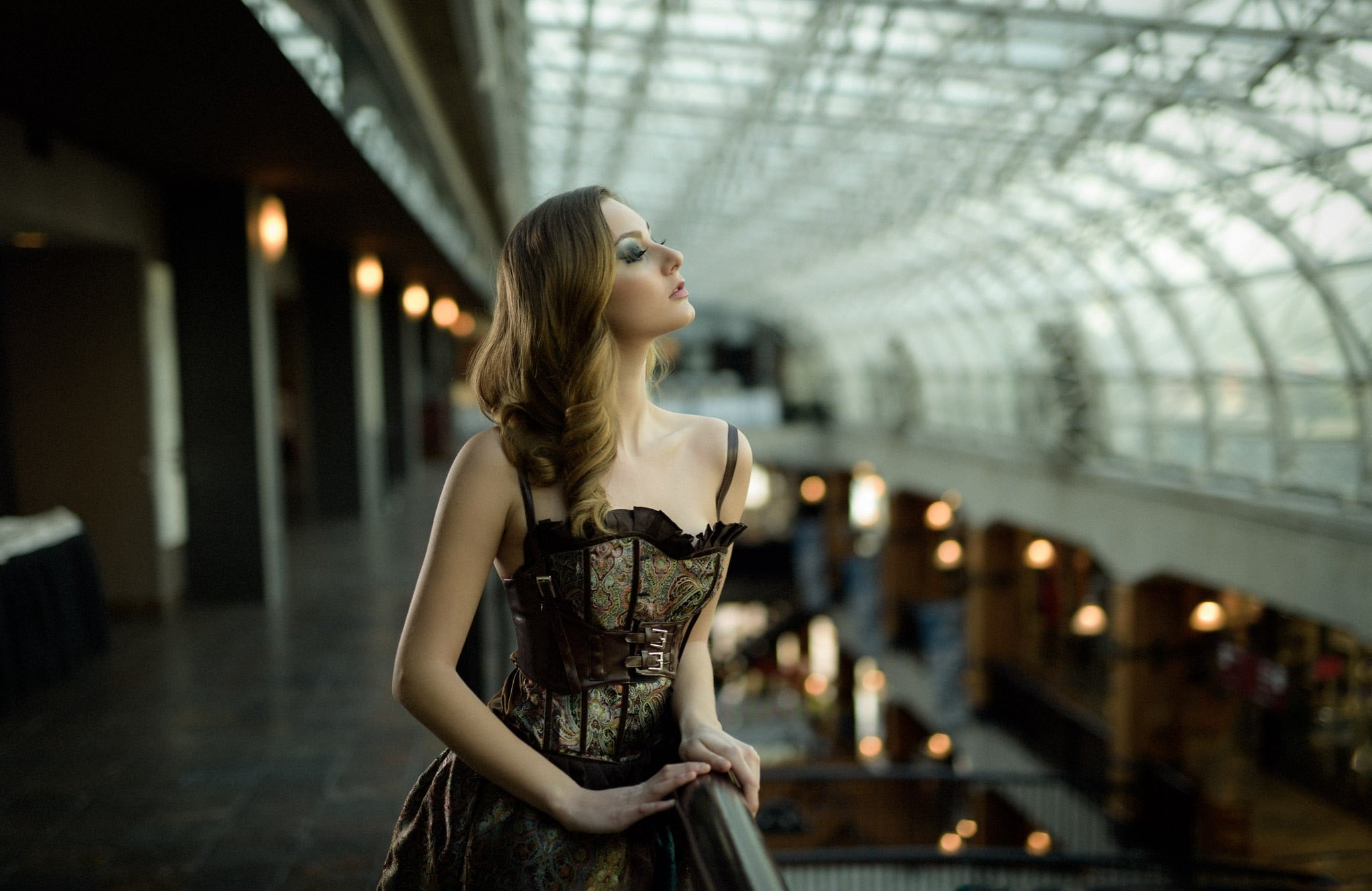model, standing, waist up, young women, 1080P, dress, indoors, illuminated, architectural column, young adult, beauty, Kyle Cong, fashion, 500px, face, HD Wallpaper