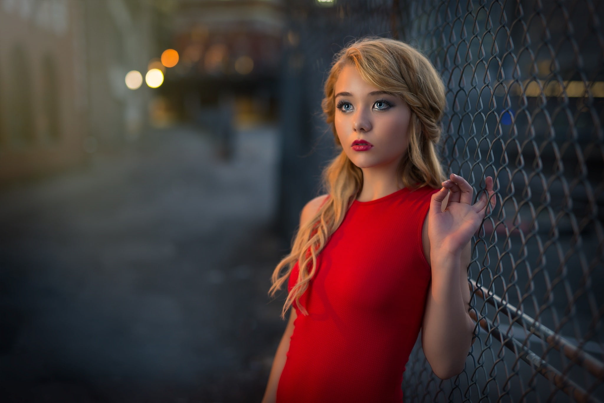 fashion, hair, beauty, front view, portrait, fence, urban, hairstyle, 500px, red, red dress, adult, Kyle Cong, women, blonde, young adult, one person, long hair, HD Wallpaper