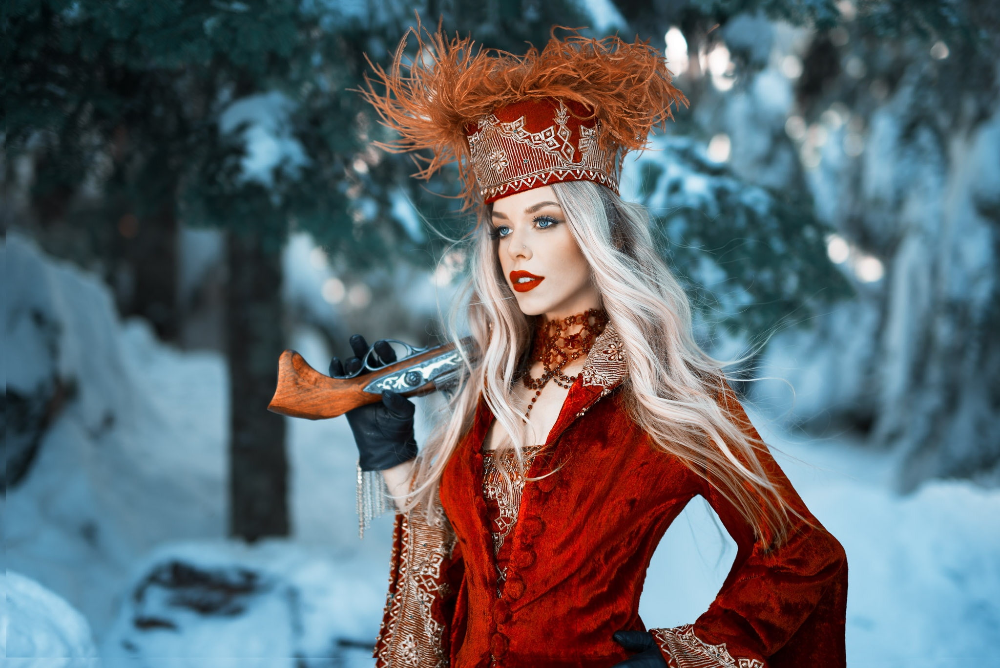 blonde, 500px, women outdoors, red lipstick, snow, 1080P, winter, long hair, Kyle Cong, gun, women, hat, fantasy girl, model, makeup, girls with guns, HD Wallpaper