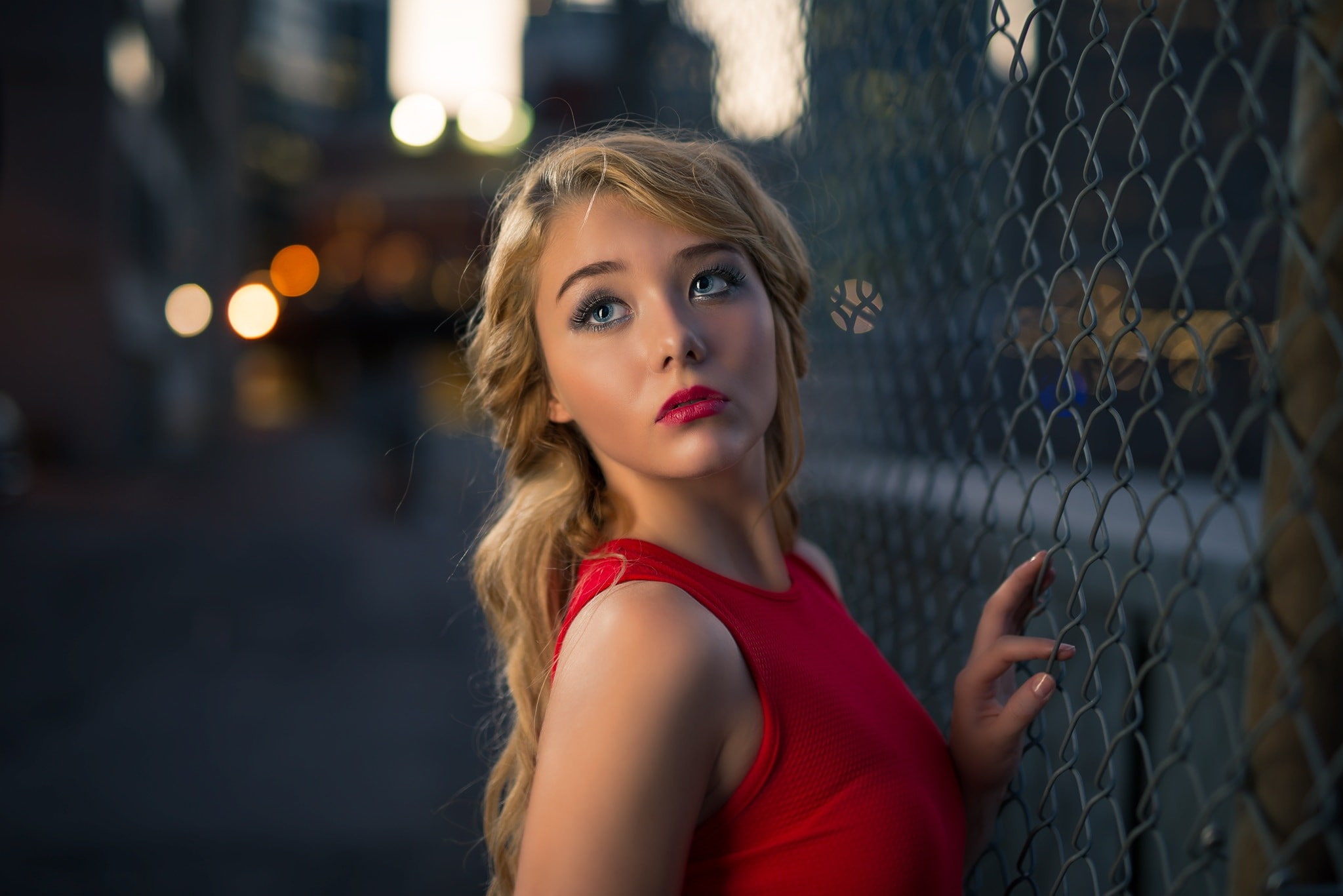 urban, blonde, Kyle Cong, red dress, 1080P, 500px, women outdoors, dress, fence, HD Wallpaper