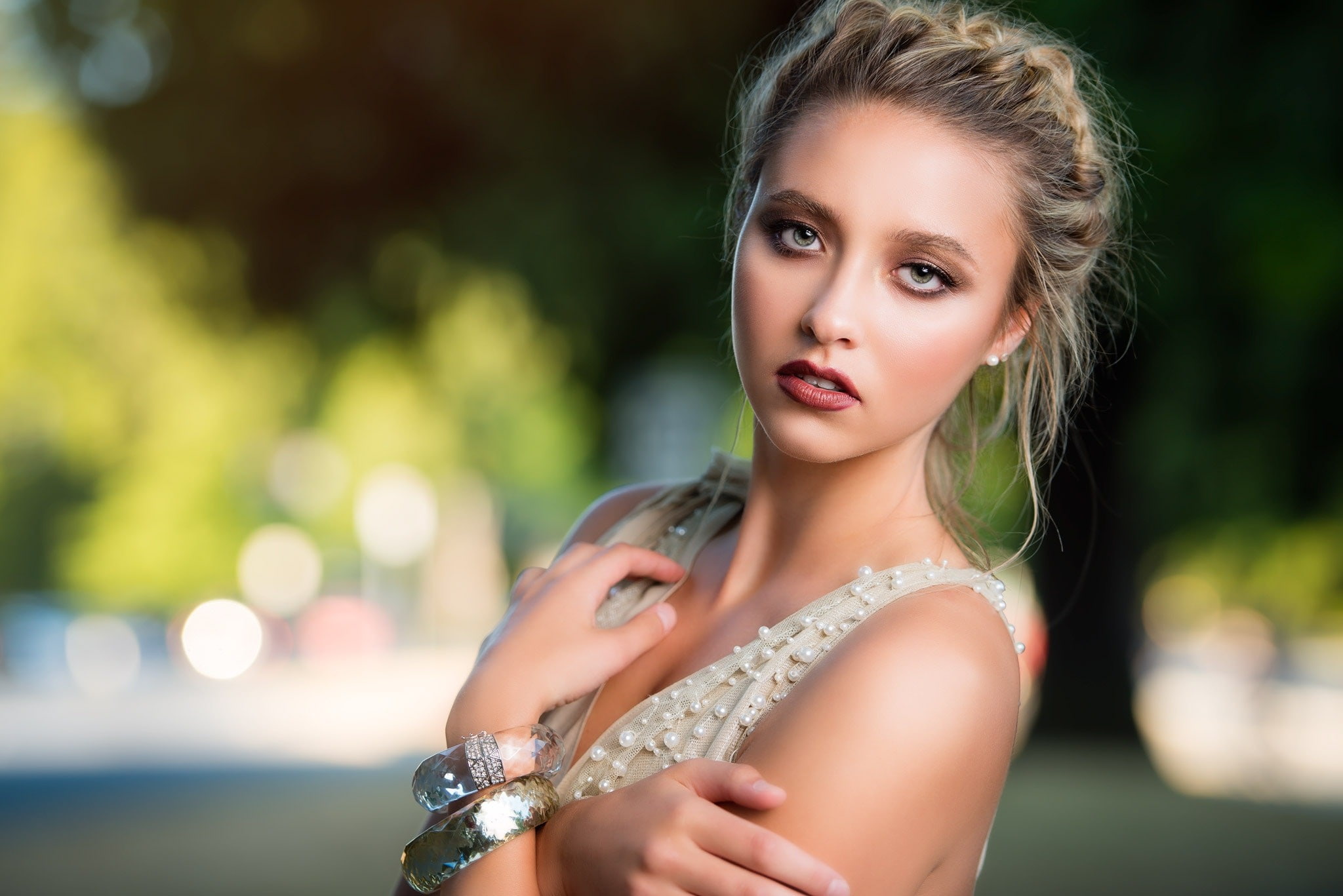 women outdoors, Kyle Cong, bracelets, face, portrait, 1080P, women, HD Wallpaper