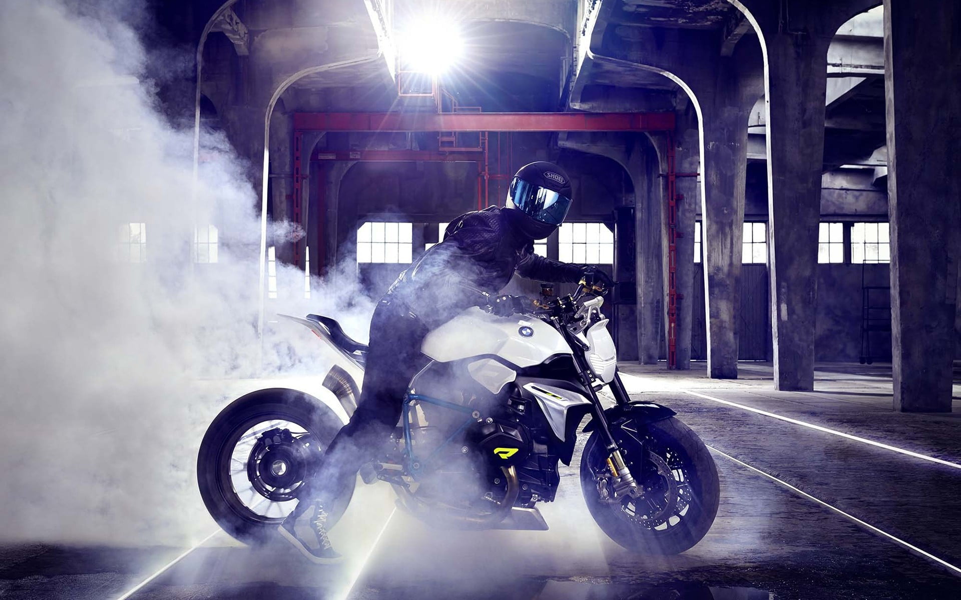 transportation, biker, land vehicle, crash helmet, helmet, obscured face, white, Burnout, one person, 1080P, motorcycle, headwear, architecture, smoke - physical structure, HD Wallpaper