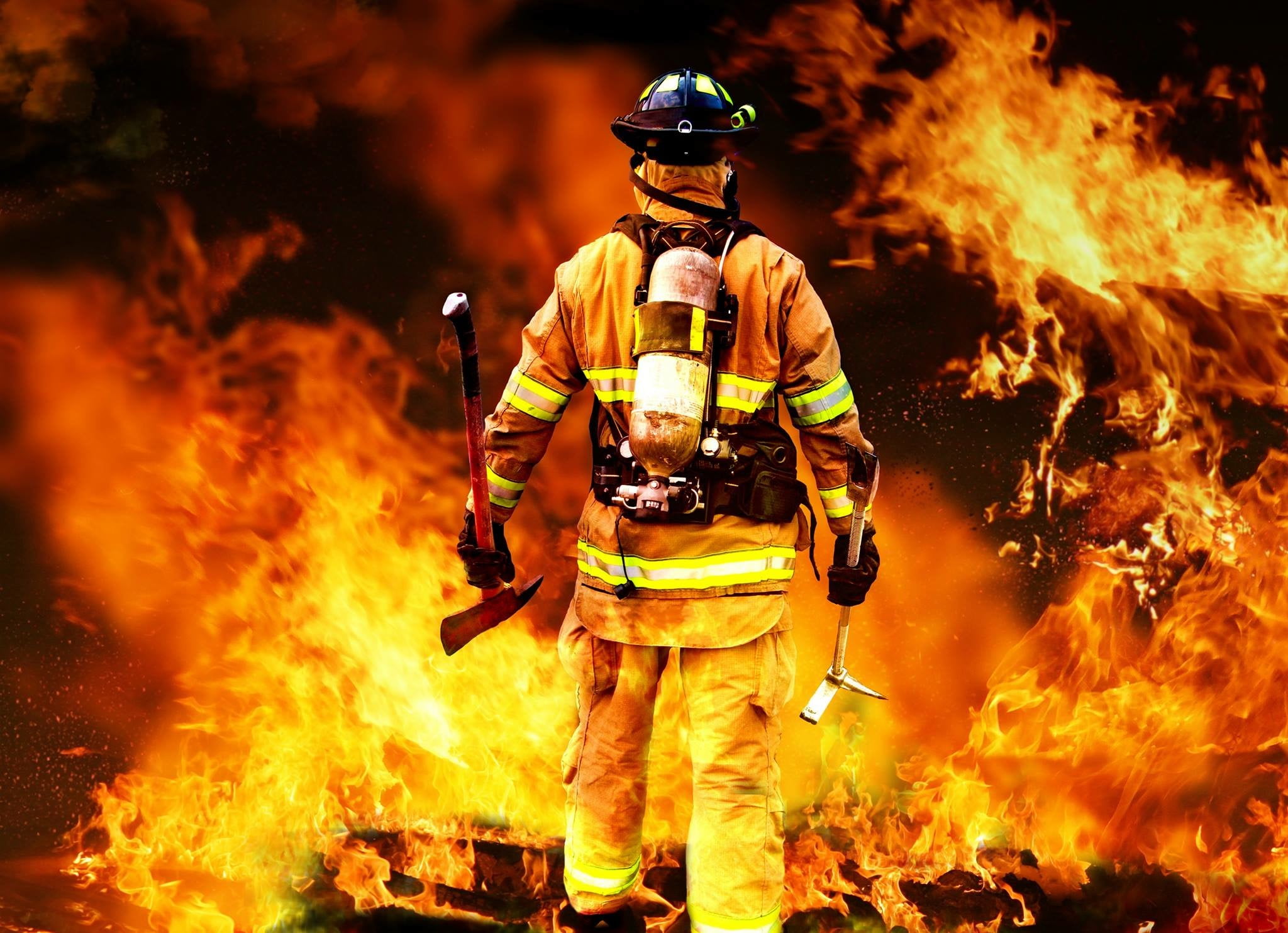 1080P, fire - natural phenomenon, front view, outdoors, nature, flame, rescue worker, burning, fire, safety, Break, sign, headwear, one person, communication, HD Wallpaper