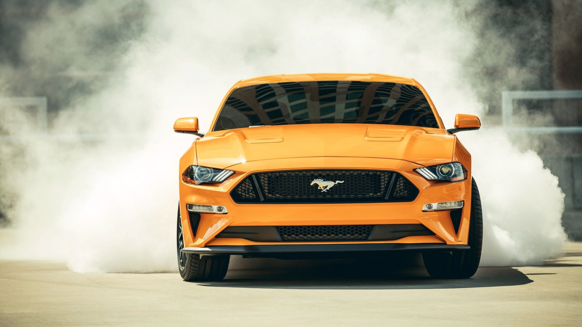 Vehicle, Smoke, Muscle Car, Ford Mustang GT, Orange Car, Burnout, Ford Mustang, Ford, 1080P, Car, HD Wallpaper
