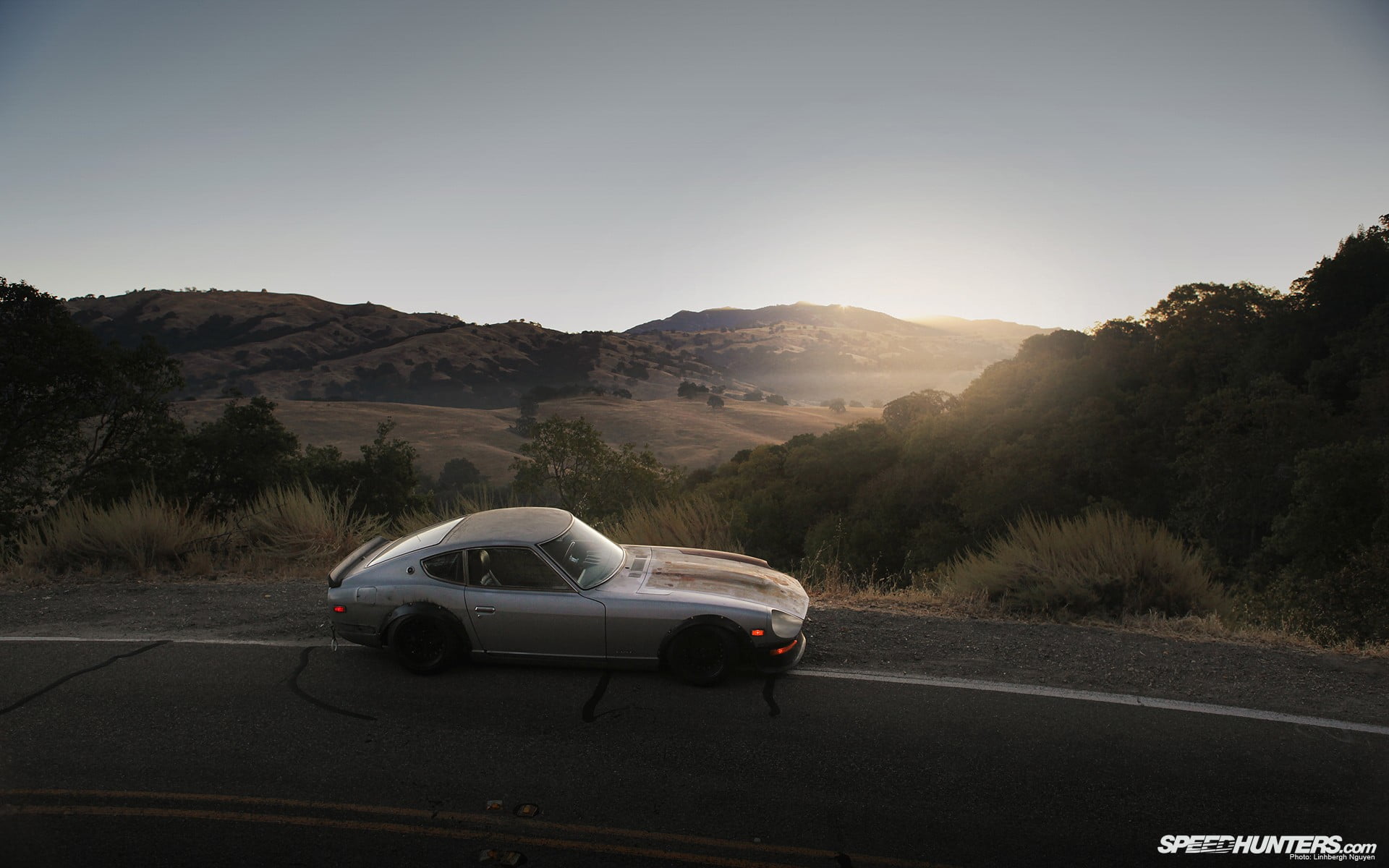 silver, Datsun, land vehicle, transportation, motor vehicle, no people, on the move, road trip, mode of transportation, sunlight, street, car, tree, plant, HD Wallpaper