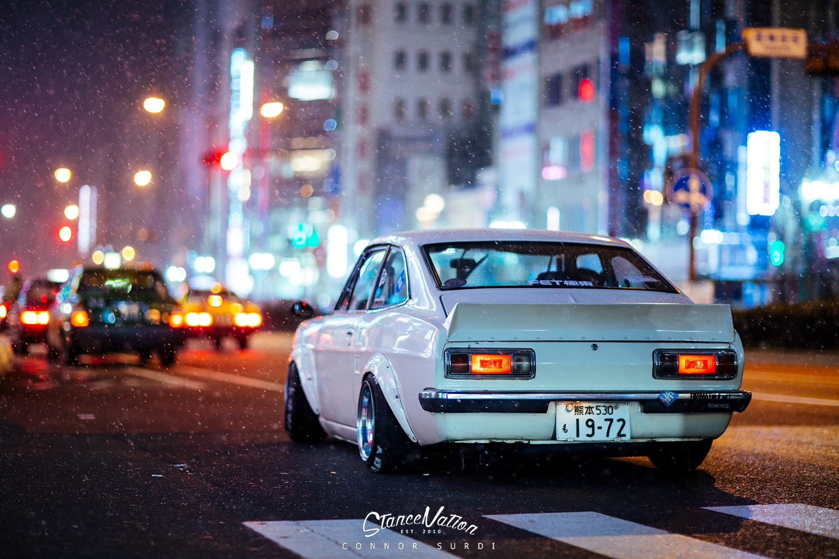 coupe, street, Datsun, car, 720P, no people, building exterior, transportation, cityscape, motor vehicle, nightlife, illuminated, road, focus on foreground, HD Wallpaper