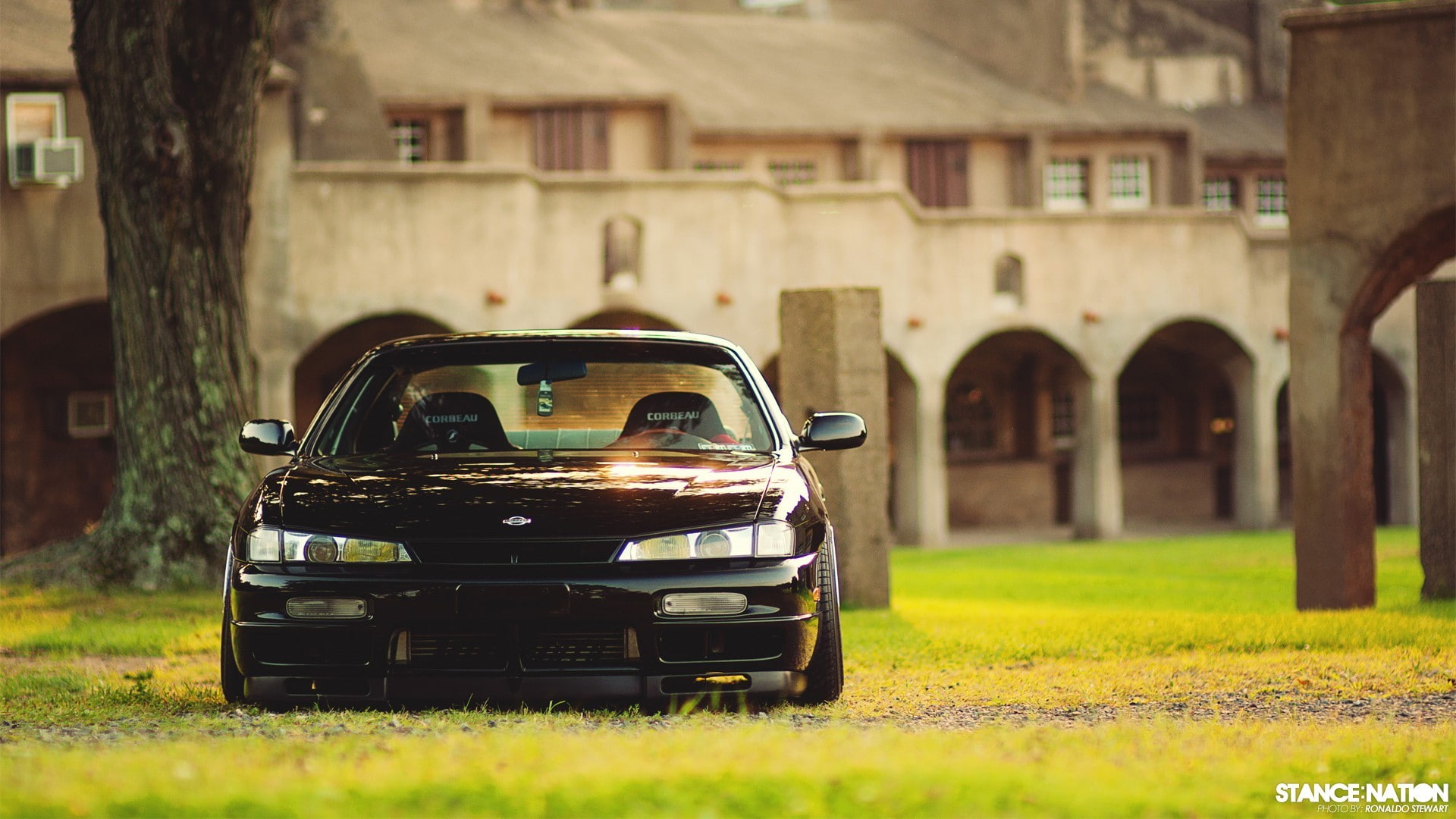 retro styled, Nissan Silvia S14, garage, land vehicle, grass, 1080P, focus on foreground, building, nissan silvia, vintage car, Nissan, city, day, nature, HD Wallpaper